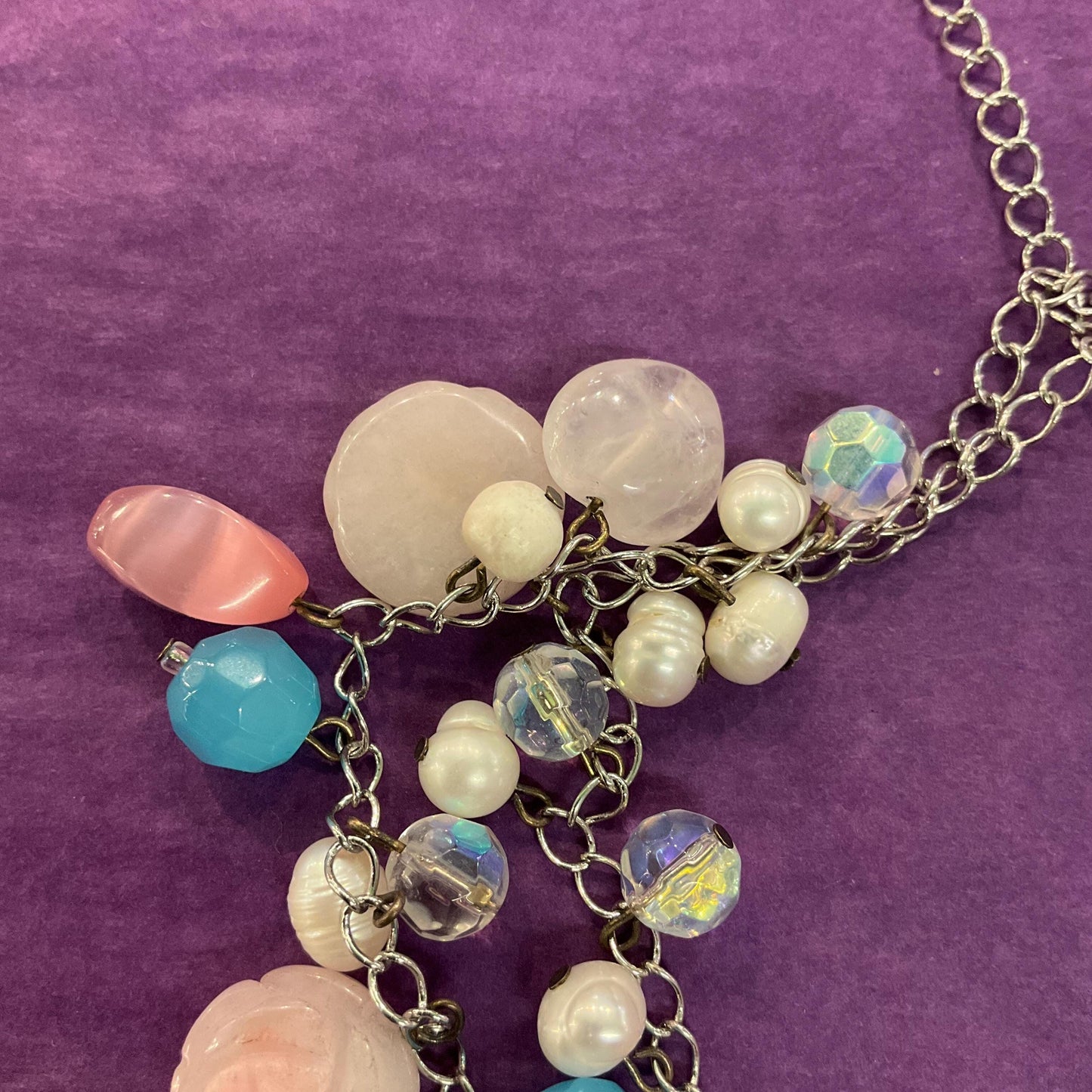 Vintage Butler and Wilson Bohemian Twin Row Gemstone and Crystal Necklace, Fresh Water Pearls, Rose Quartz and Crystal Beads
