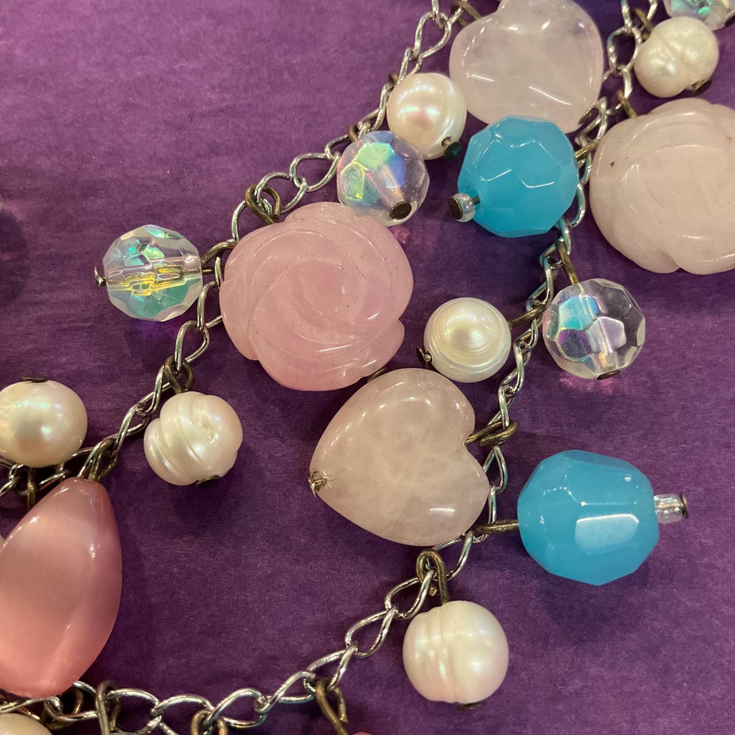 Vintage Butler and Wilson Bohemian Twin Row Gemstone and Crystal Necklace, Fresh Water Pearls, Rose Quartz and Crystal Beads