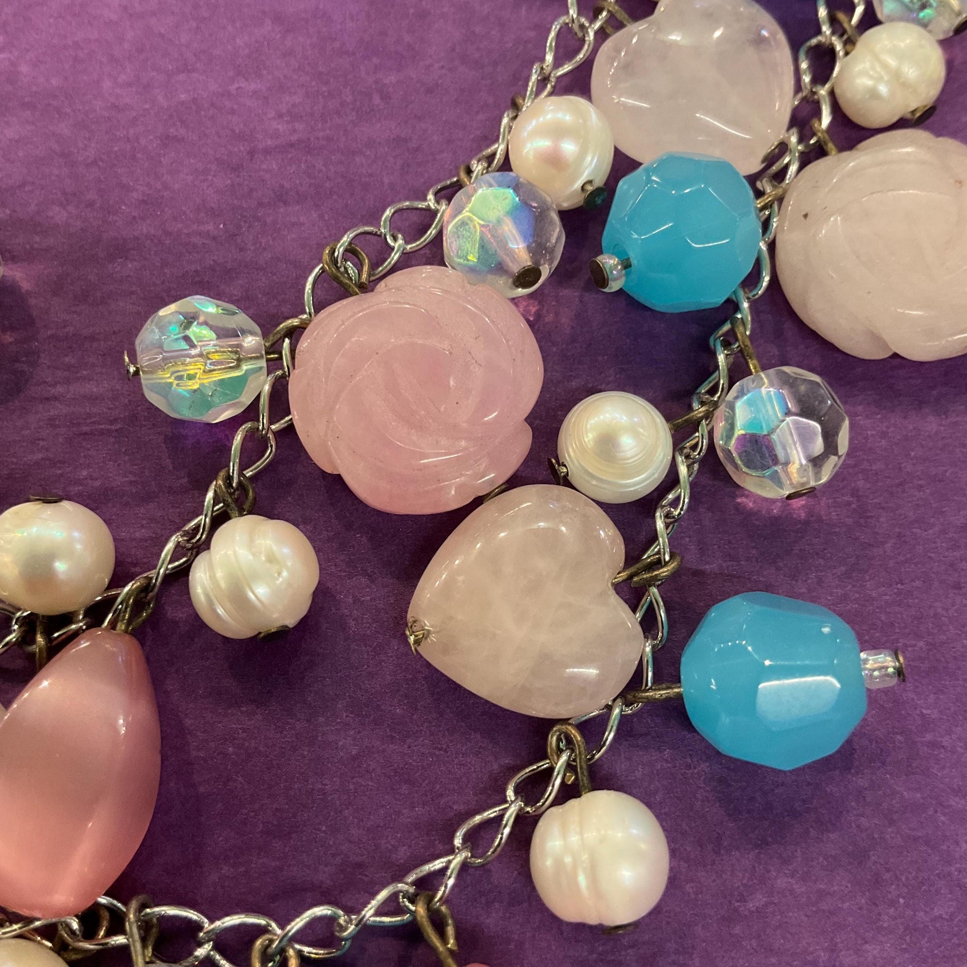 Vintage Butler and Wilson Bohemian Twin Row Gemstone and Crystal Necklace, Fresh Water Pearls, Rose Quartz and Crystal Beads