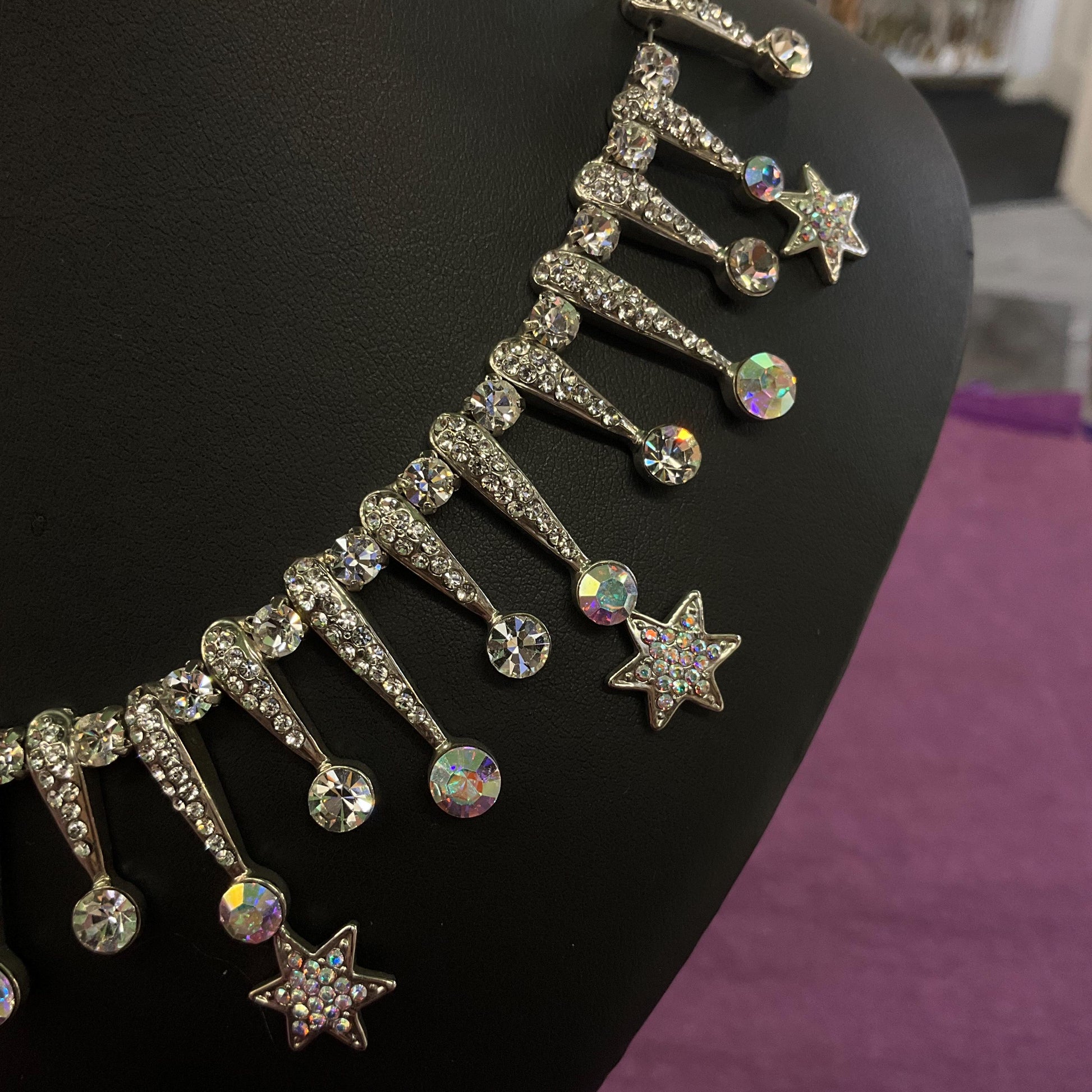 Vintage Butler and Wilson Shooting Stars Statement Crystal Necklace , Silver tone with faceted silver and Aurora Borealis crystals,