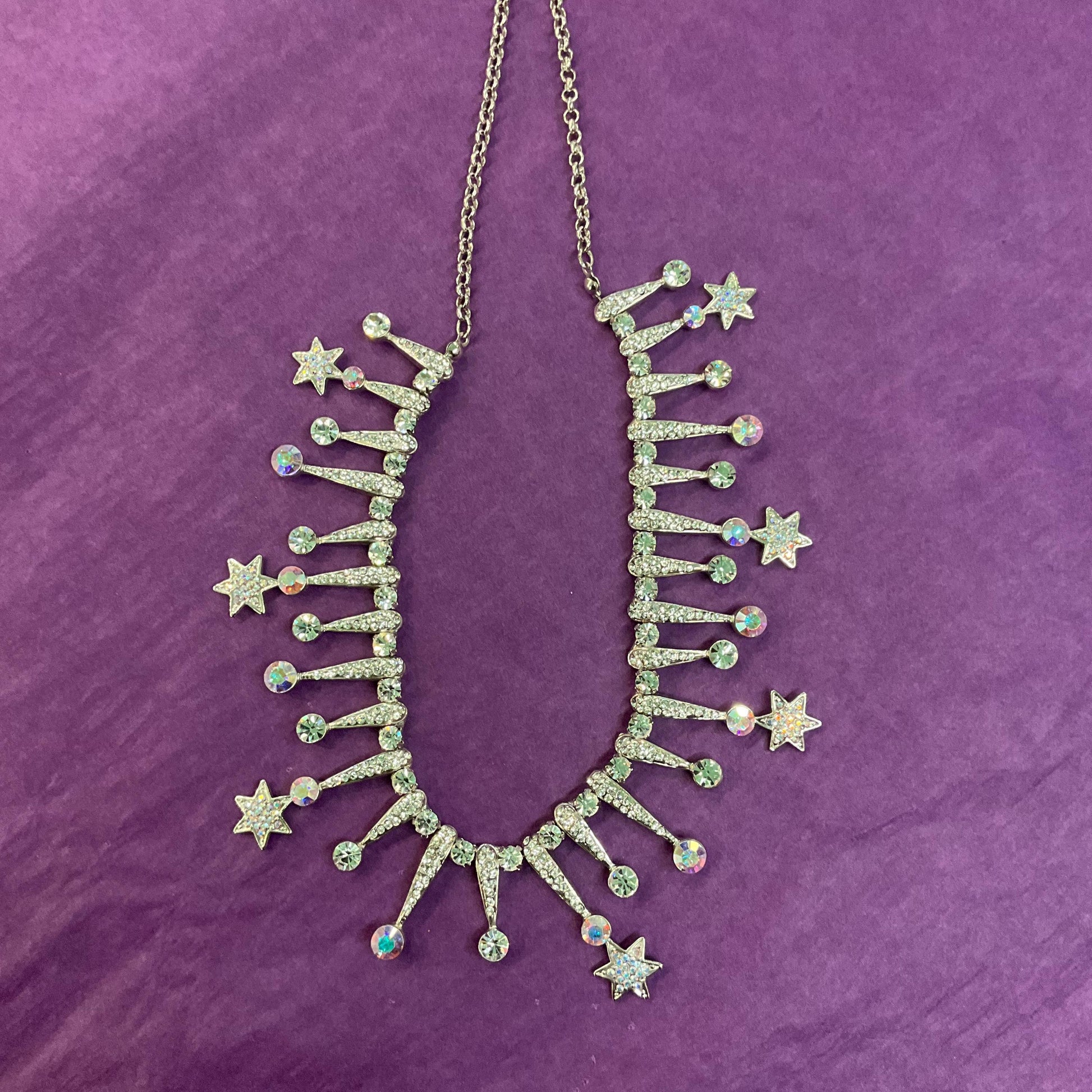 Vintage Butler and Wilson Shooting Stars Statement Crystal Necklace , Silver tone with faceted silver and Aurora Borealis crystals,