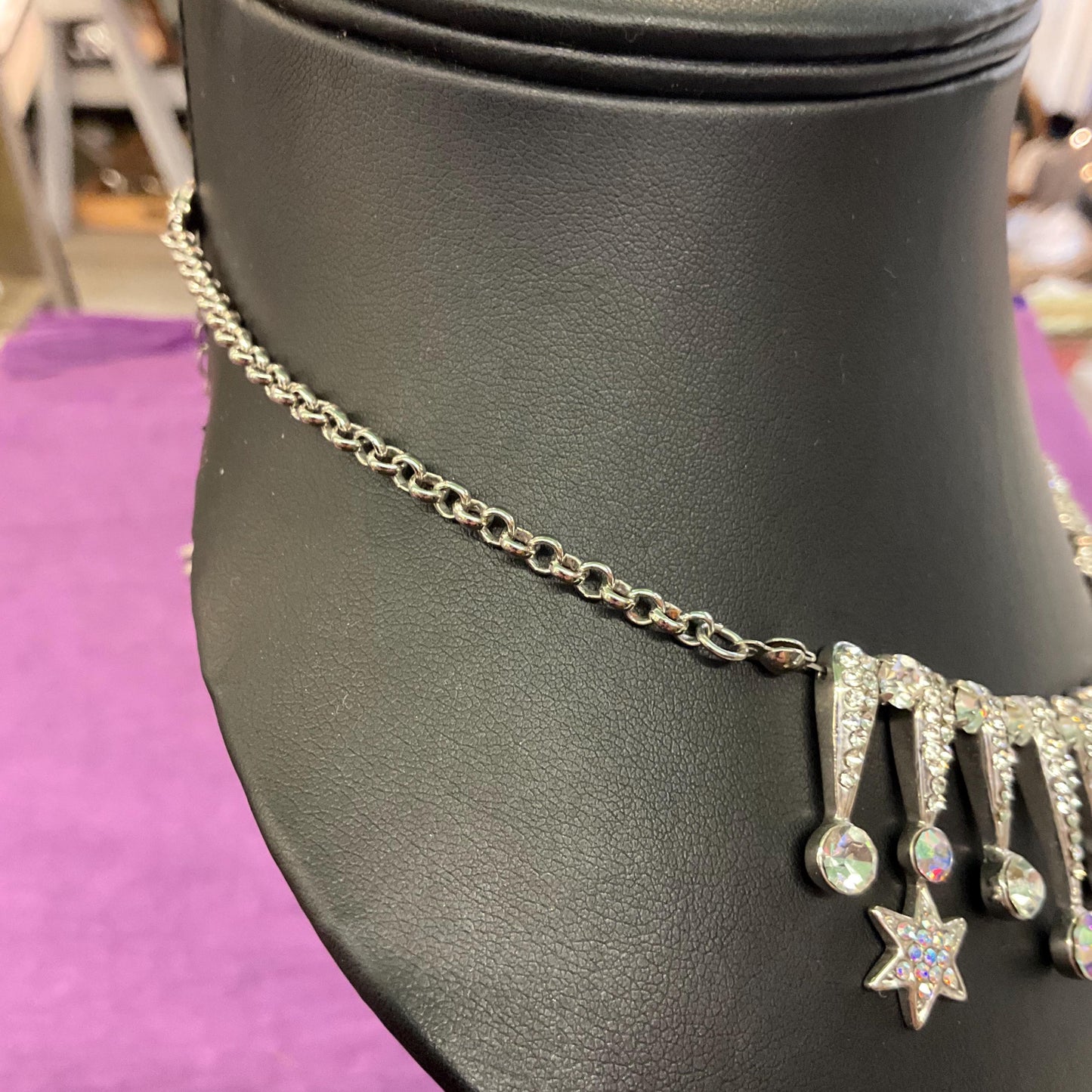 Vintage Butler and Wilson Shooting Stars Statement Crystal Necklace , Silver tone with faceted silver and Aurora Borealis crystals,
