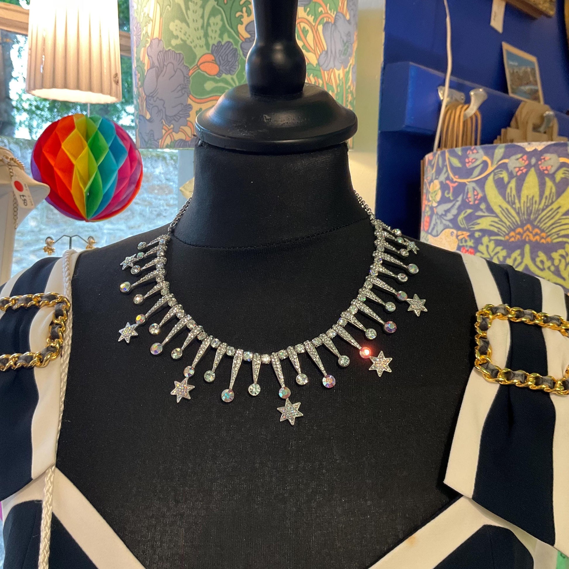 Vintage Butler and Wilson Shooting Stars Statement Crystal Necklace , Silver tone with faceted silver and Aurora Borealis crystals,