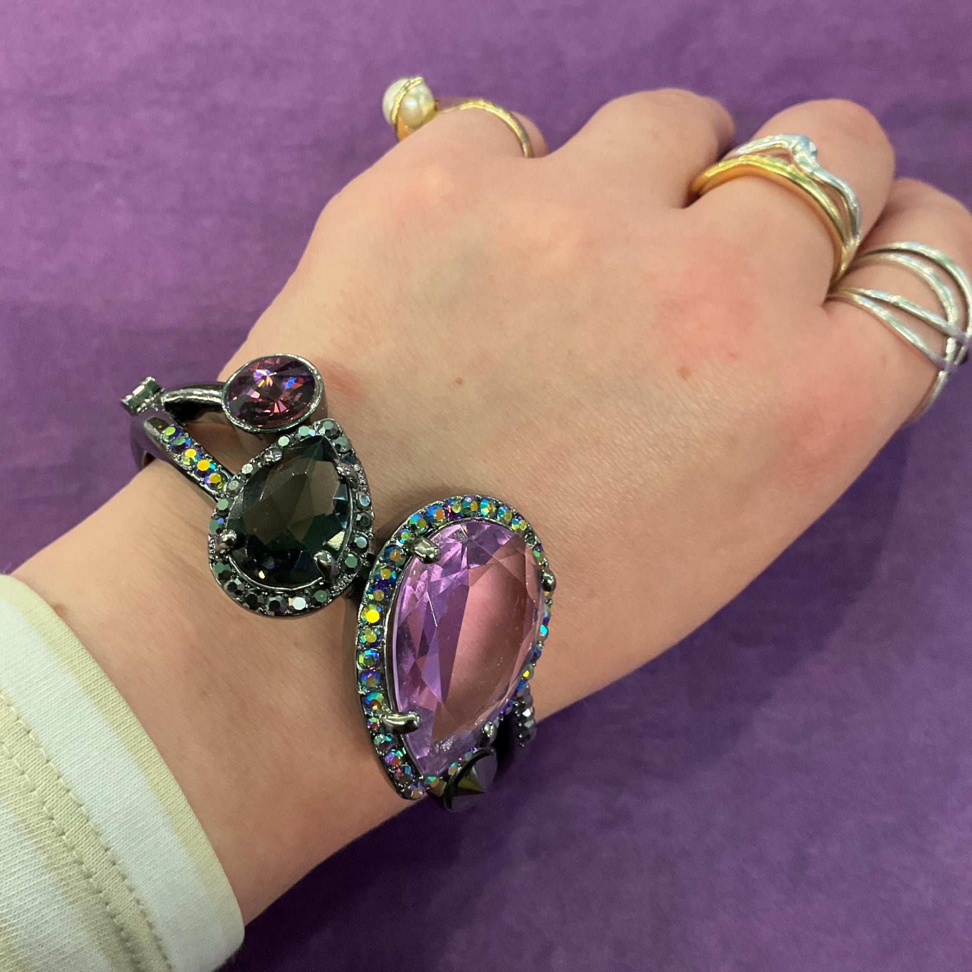 Vintage Butler and Wilson Statement Crystal Bangle, Dark Pewter tone with purple crystals and rainbow rhinestones , sustainable gift