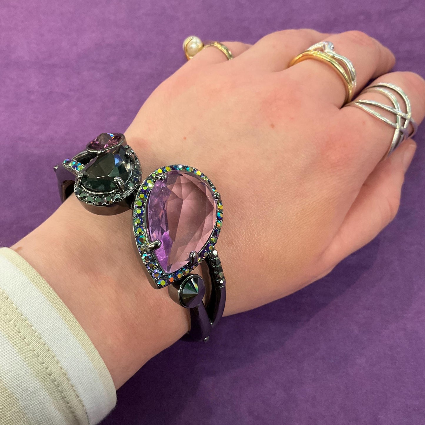 Vintage Butler and Wilson Statement Crystal Bangle, Dark Pewter tone with purple crystals and rainbow rhinestones , sustainable gift