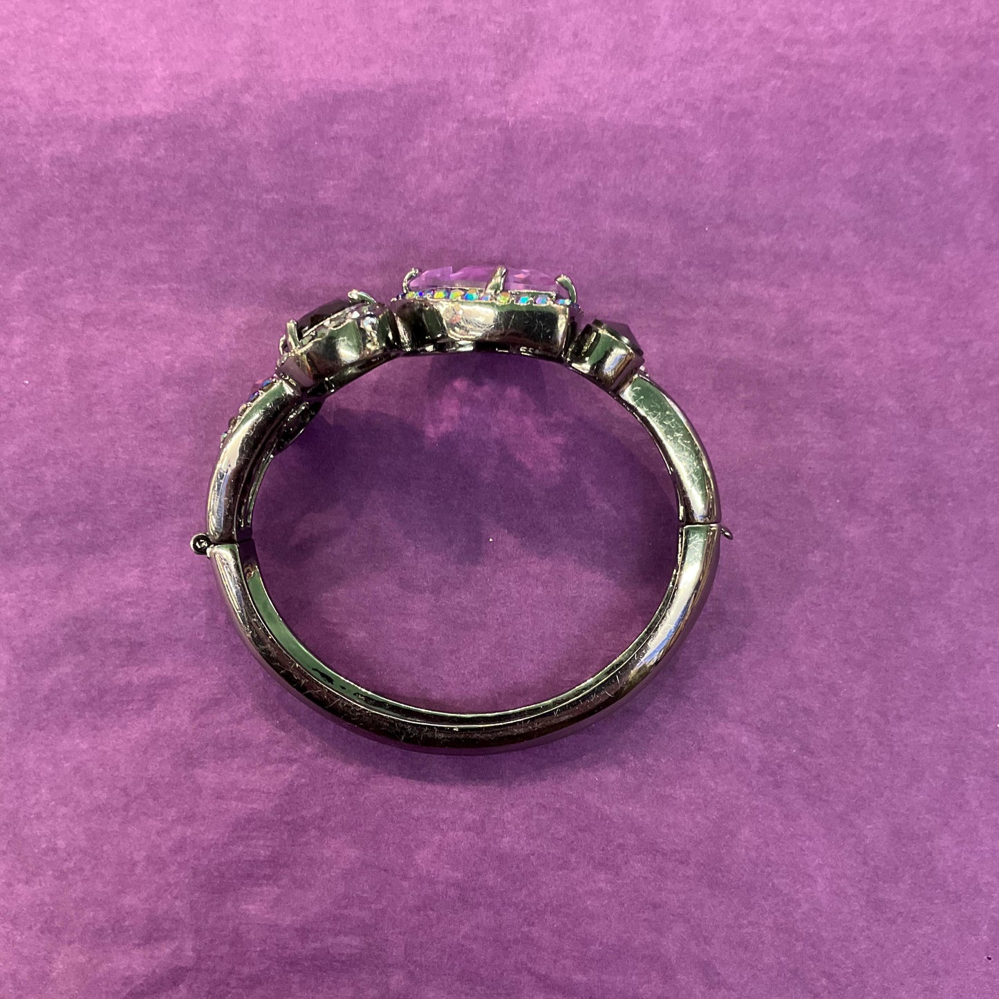 Vintage Butler and Wilson Statement Crystal Bangle, Dark Pewter tone with purple crystals and rainbow rhinestones , sustainable gift