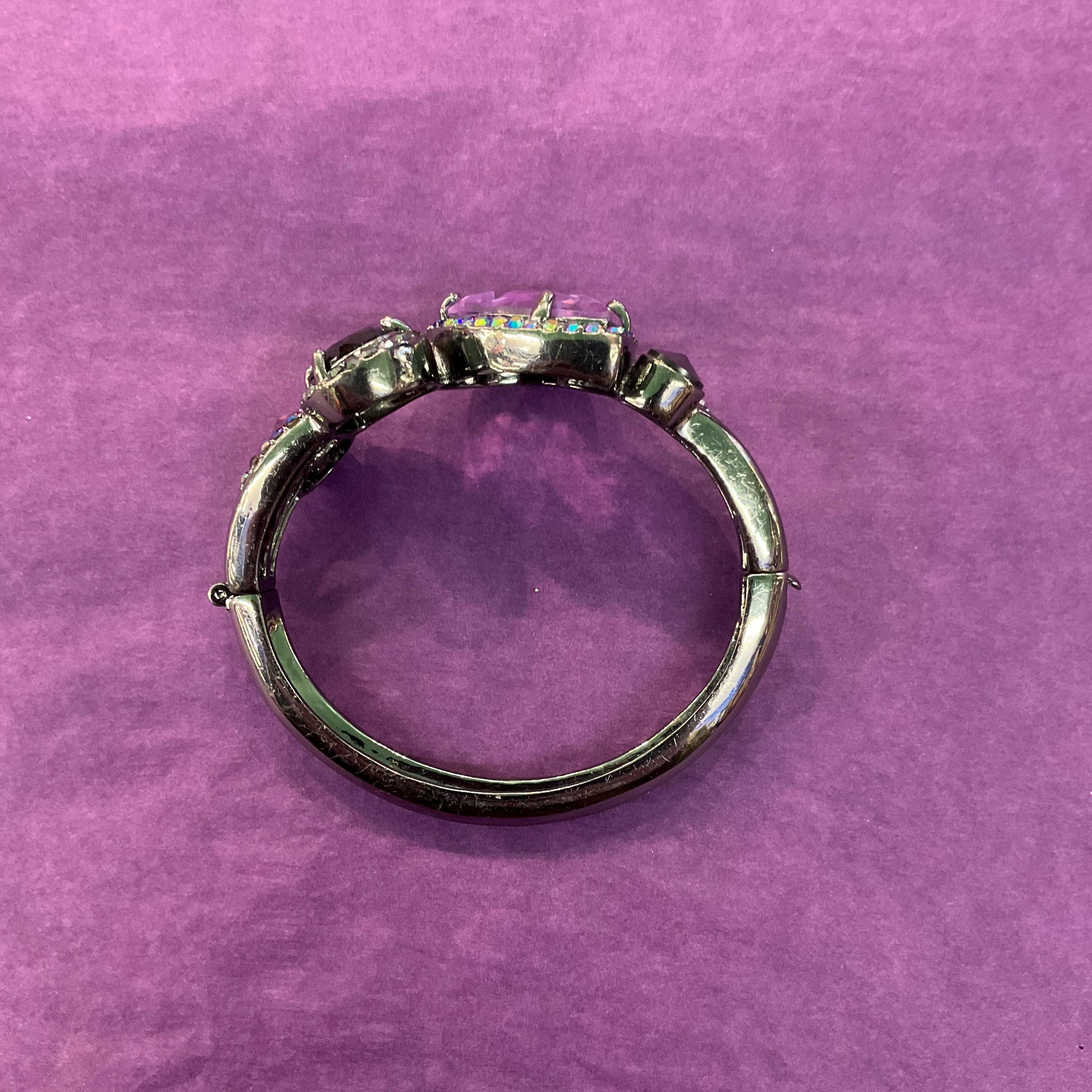 Vintage Butler and Wilson Statement Crystal Bangle, Dark Pewter tone with purple crystals and rainbow rhinestones , sustainable gift