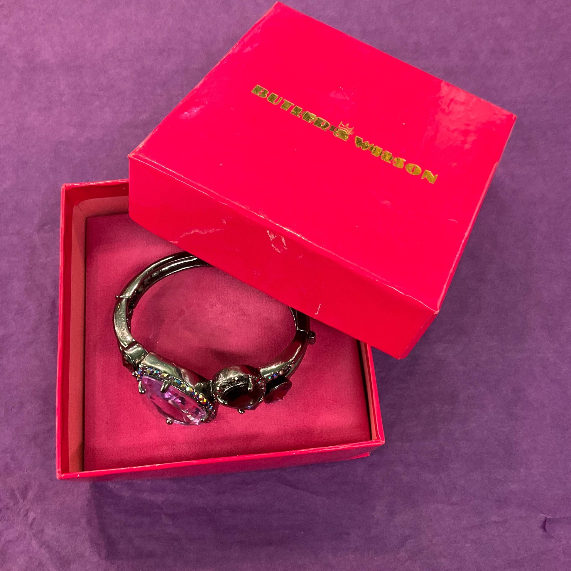 Vintage Butler and Wilson Statement Crystal Bangle, Dark Pewter tone with purple crystals and rainbow rhinestones , sustainable gift