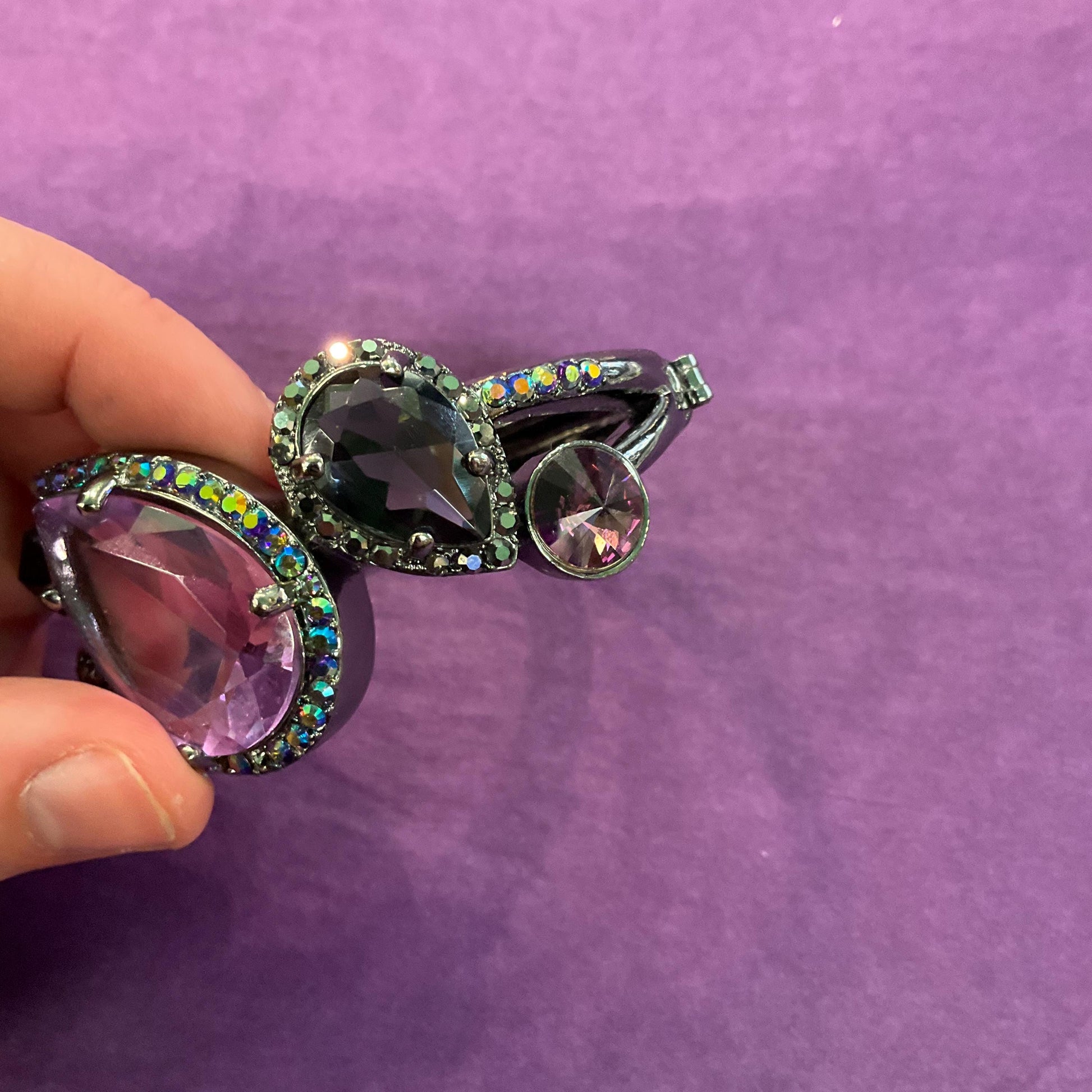 Vintage Butler and Wilson Statement Crystal Bangle, Dark Pewter tone with purple crystals and rainbow rhinestones , sustainable gift