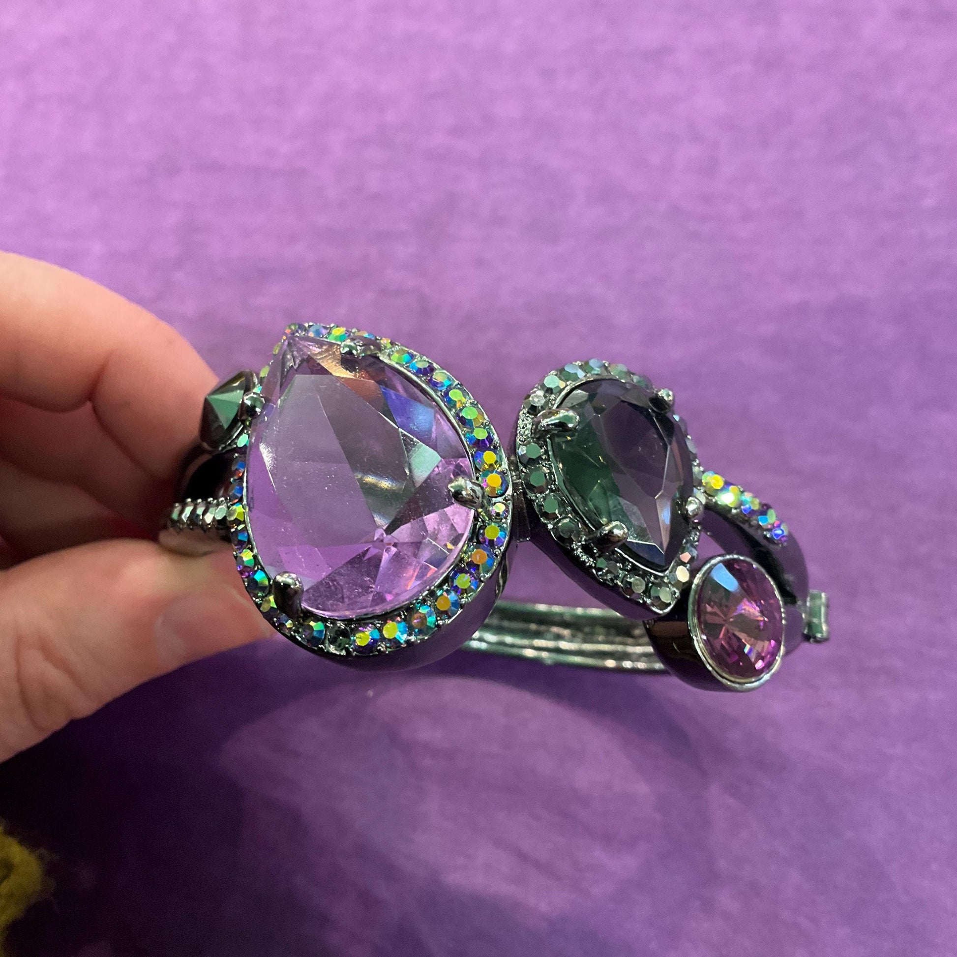 Vintage Butler and Wilson Statement Crystal Bangle, Dark Pewter tone with purple crystals and rainbow rhinestones , sustainable gift