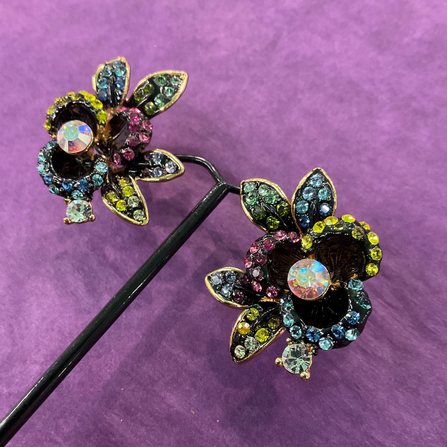 Vintage Butler and Wilson Large Pansy Rainbow Crystal Earrings, Gold tone with ombré Borealis rhinestones, sustainable gift