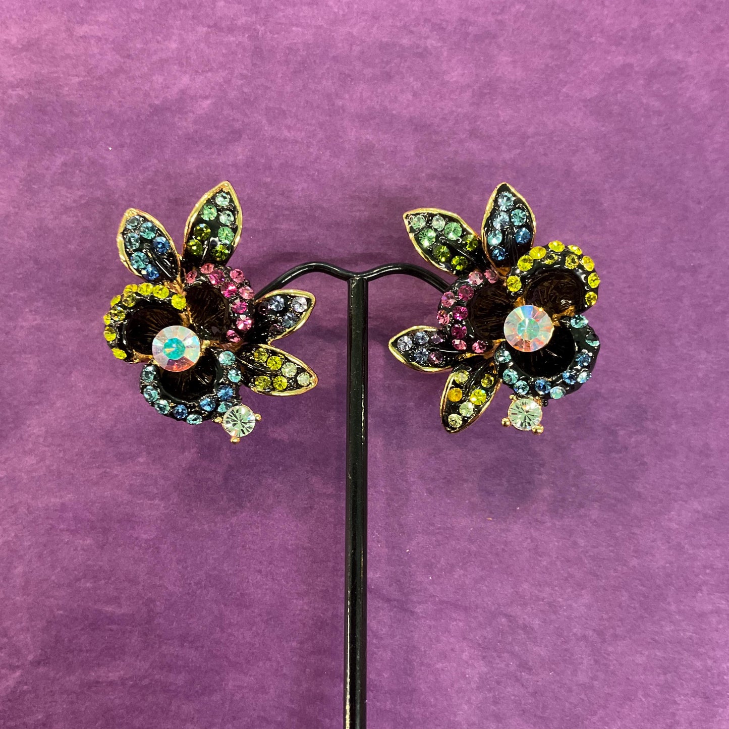 Vintage Butler and Wilson Large Pansy Rainbow Crystal Earrings, Gold tone with ombré Borealis rhinestones, sustainable gift