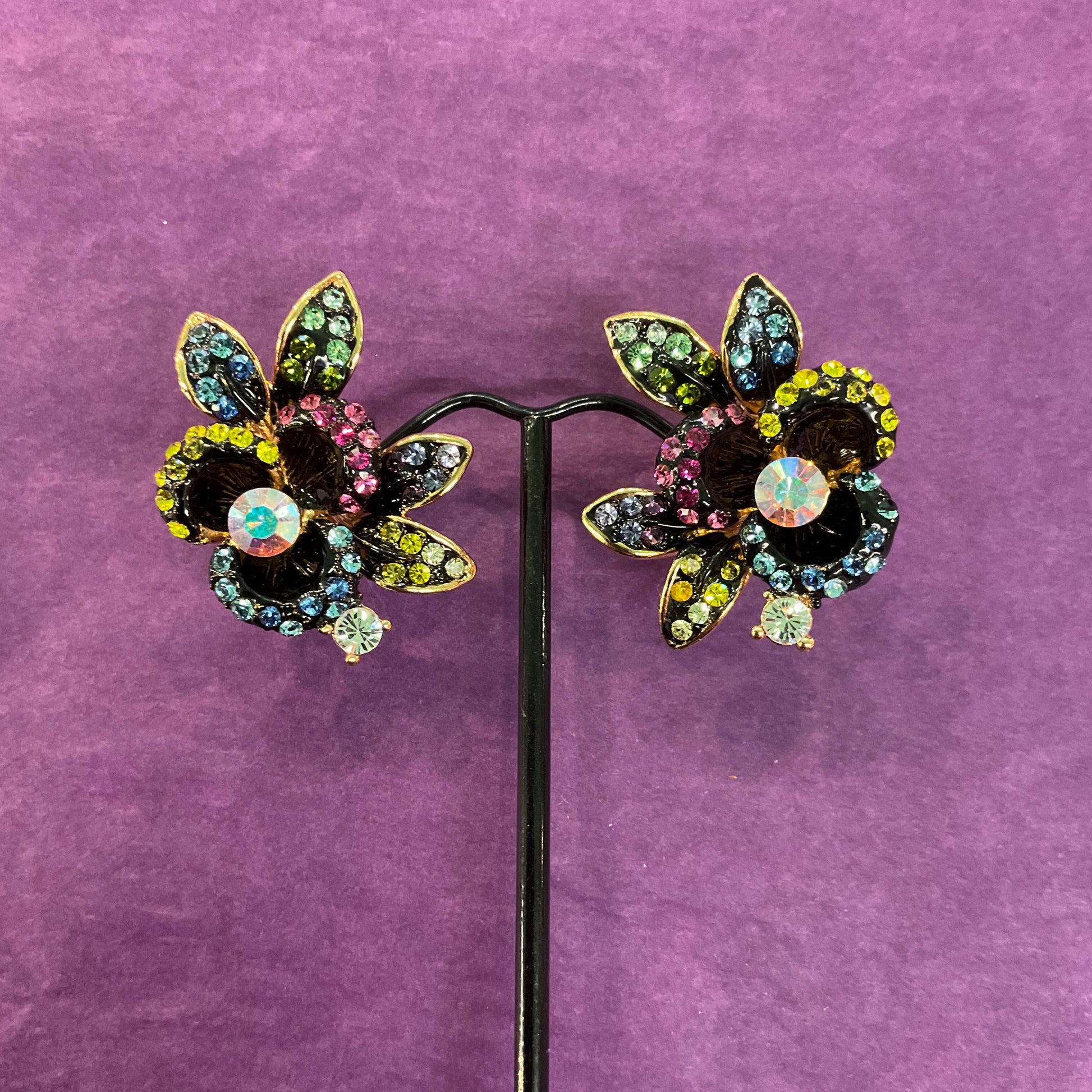 Vintage Butler and Wilson Large Pansy Rainbow Crystal Earrings, Gold tone with ombré Borealis rhinestones, sustainable gift