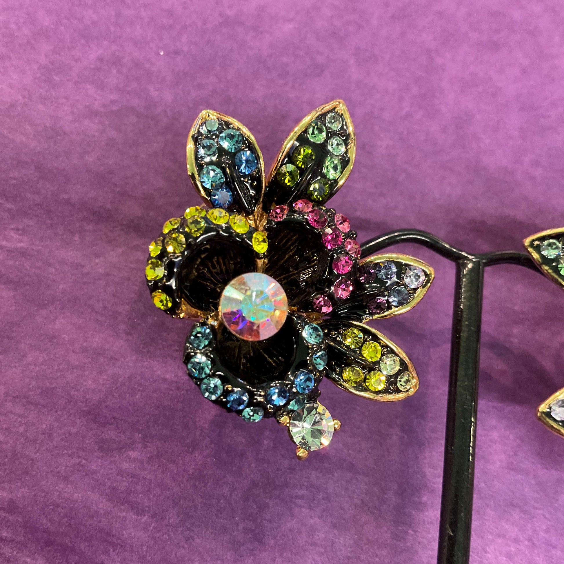 Vintage Butler and Wilson Large Pansy Rainbow Crystal Earrings, Gold tone with ombré Borealis rhinestones, sustainable gift