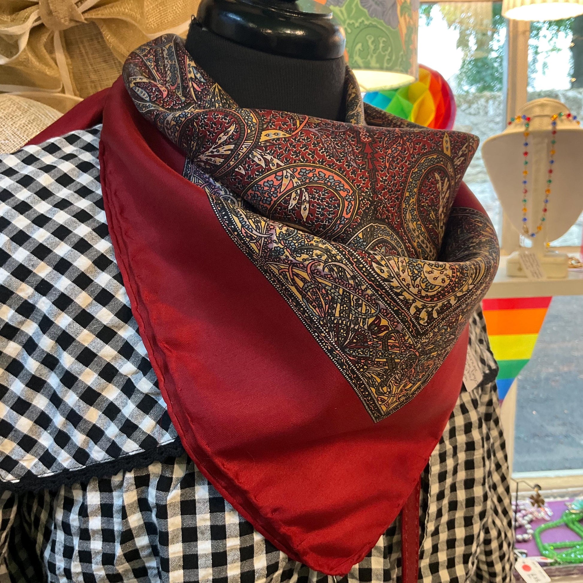 Vintage Liberty Pure Silk Paisley Scarf, intricate print in shades of red, gold and blue, Hand rolled, Sustainable gift