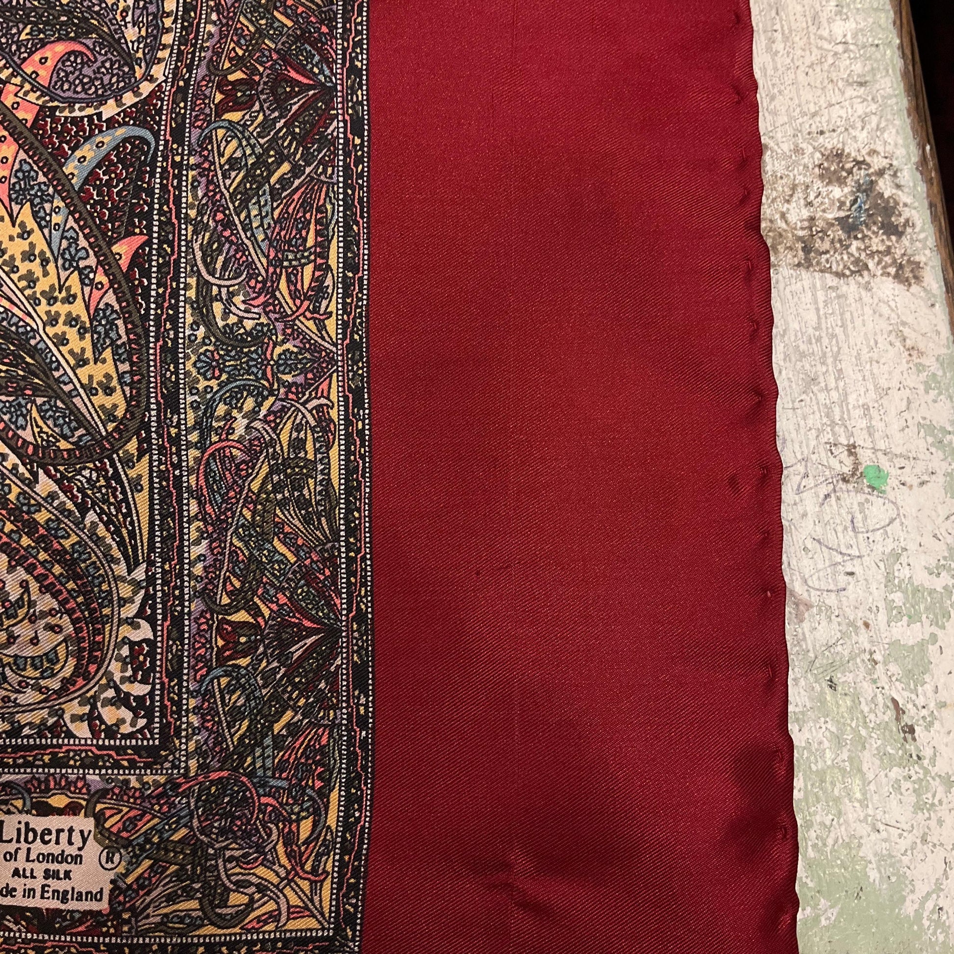 Vintage Liberty Pure Silk Paisley Scarf, intricate print in shades of red, gold and blue, Hand rolled, Sustainable gift