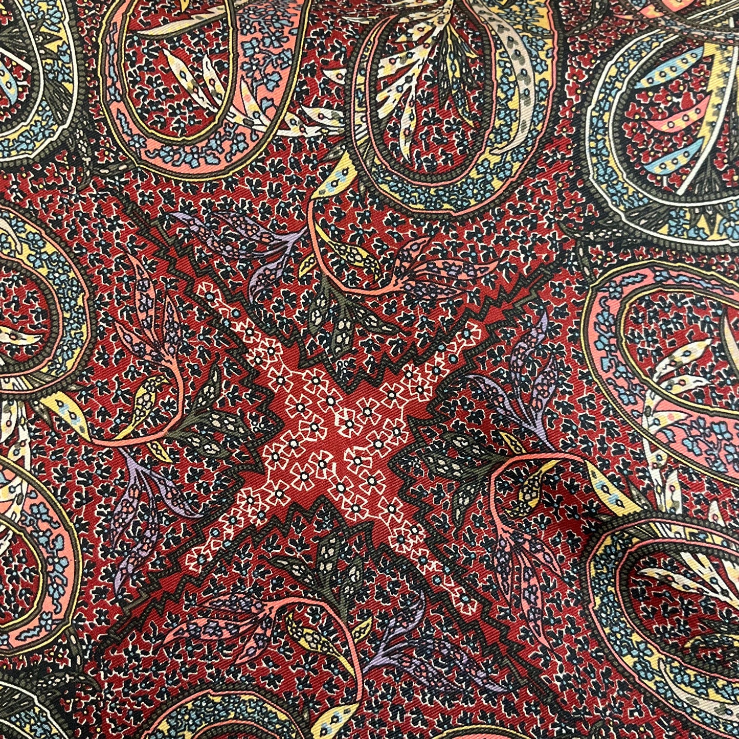 Vintage Liberty Pure Silk Paisley Scarf, intricate print in shades of red, gold and blue, Hand rolled, Sustainable gift