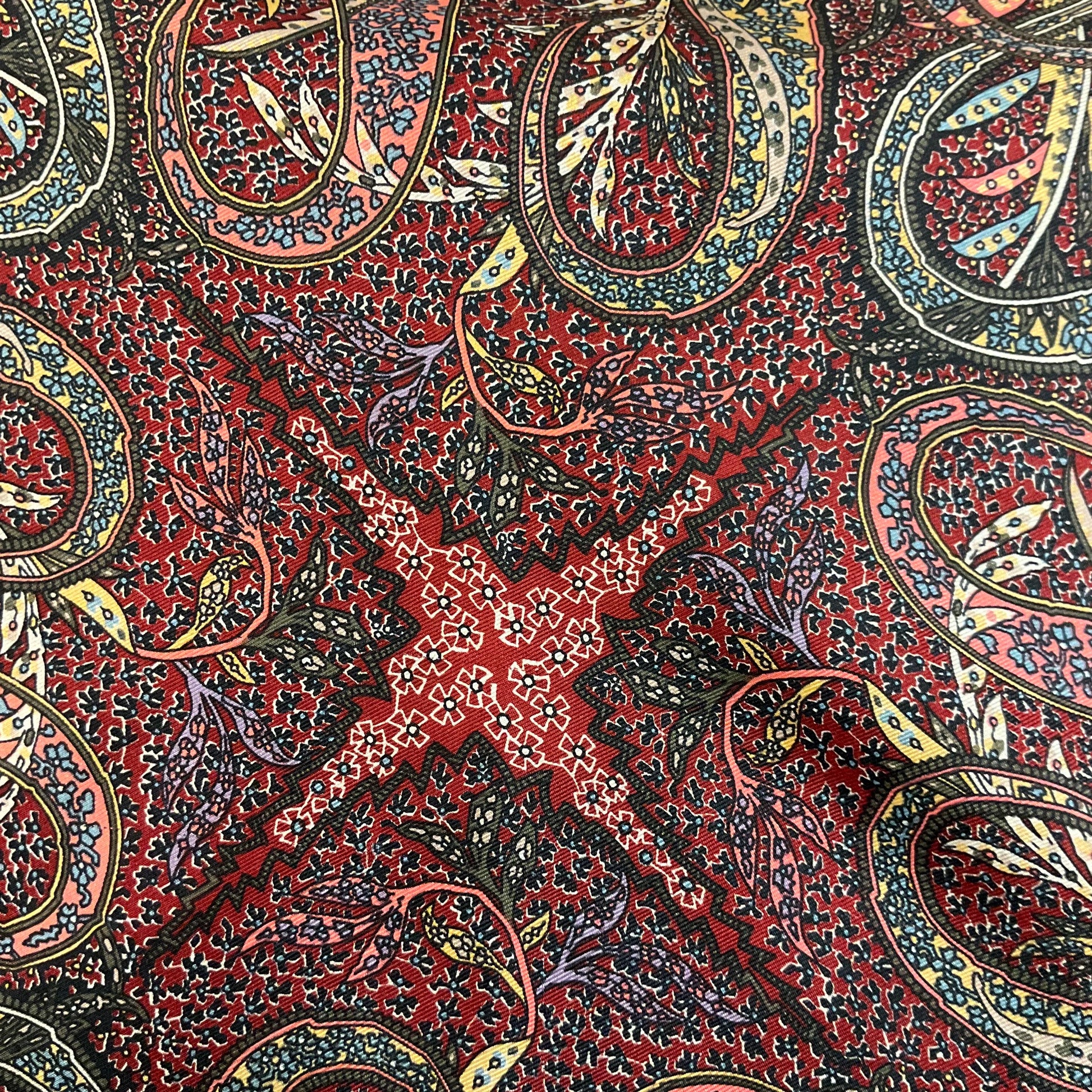 Vintage Liberty Pure Silk Paisley Scarf, intricate print in shades of red, gold and blue, Hand rolled, Sustainable gift