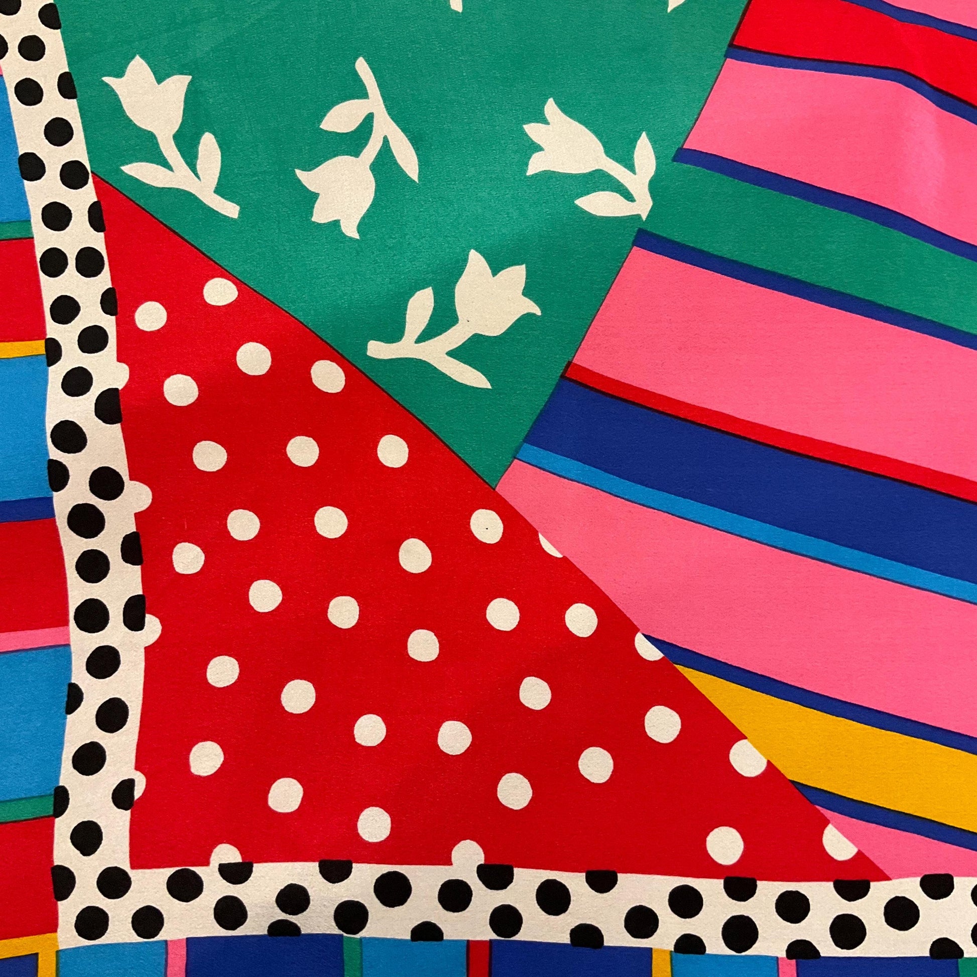 Vintage 1980s Sian Tucker Large Vibrant Graphic Print Pure Silk Scarf, Flowers, stripes and pillar dots in bright jewel colours