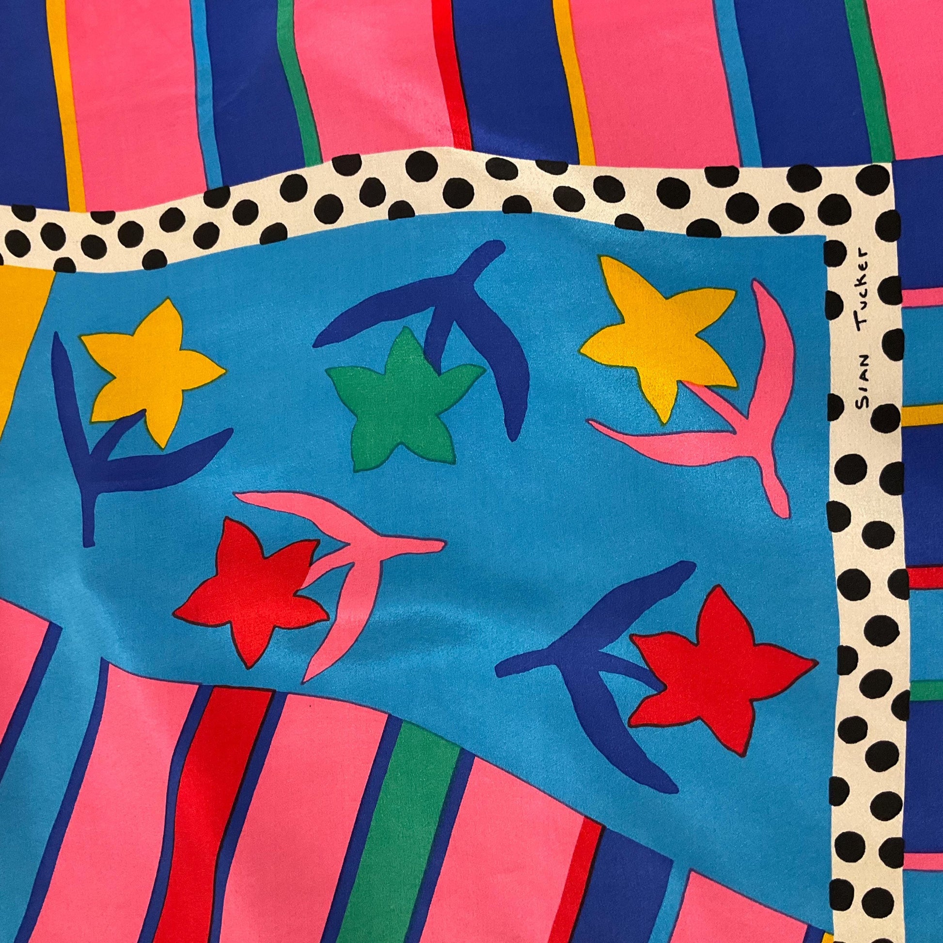 Vintage 1980s Sian Tucker Large Vibrant Graphic Print Pure Silk Scarf, Flowers, stripes and pillar dots in bright jewel colours