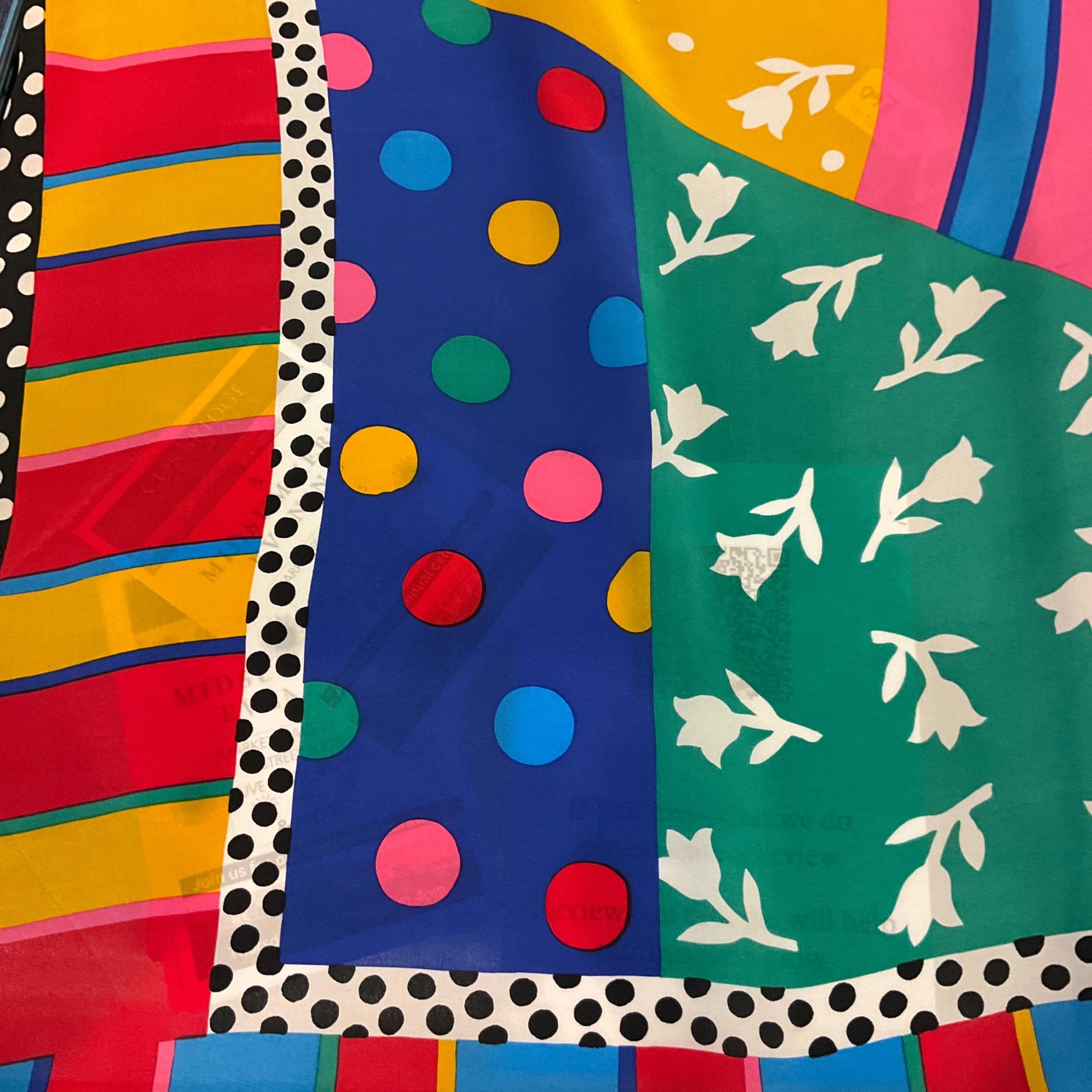 Vintage 1980s Sian Tucker Large Vibrant Graphic Print Pure Silk Scarf, Flowers, stripes and pillar dots in bright jewel colours