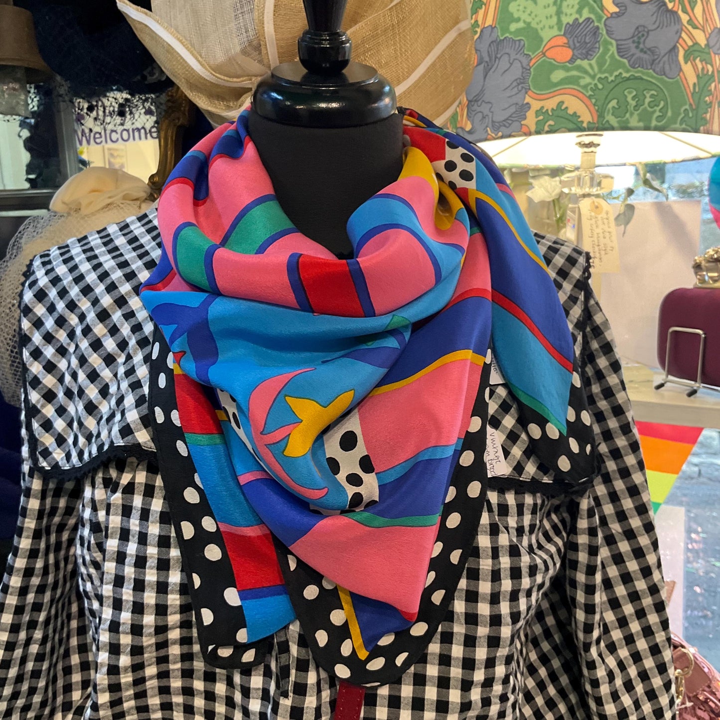 Vintage 1980s Sian Tucker Large Vibrant Graphic Print Pure Silk Scarf, Flowers, stripes and pillar dots in bright jewel colours