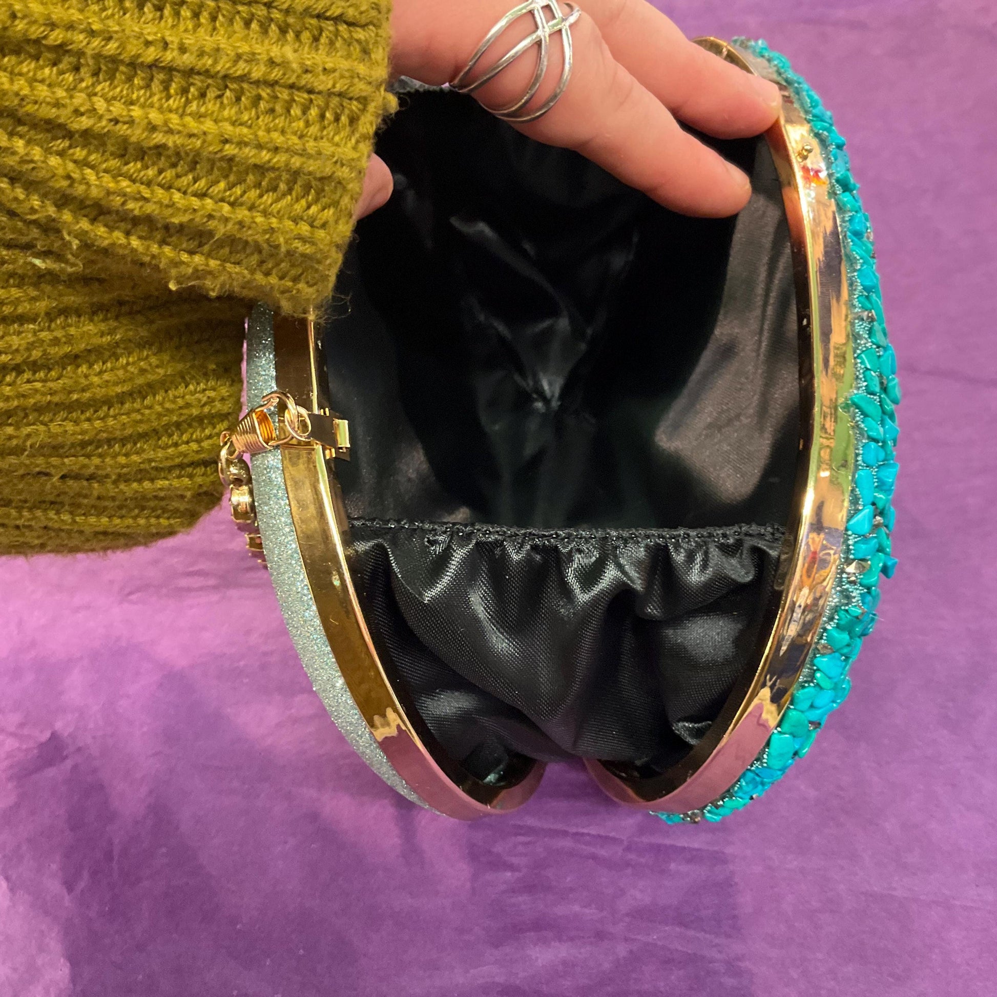 Vintage Turquoise Boxy oval Evening Bag, Gold Tone metal frame, Diamanté clasp and turquoise style chips, sustainable gift