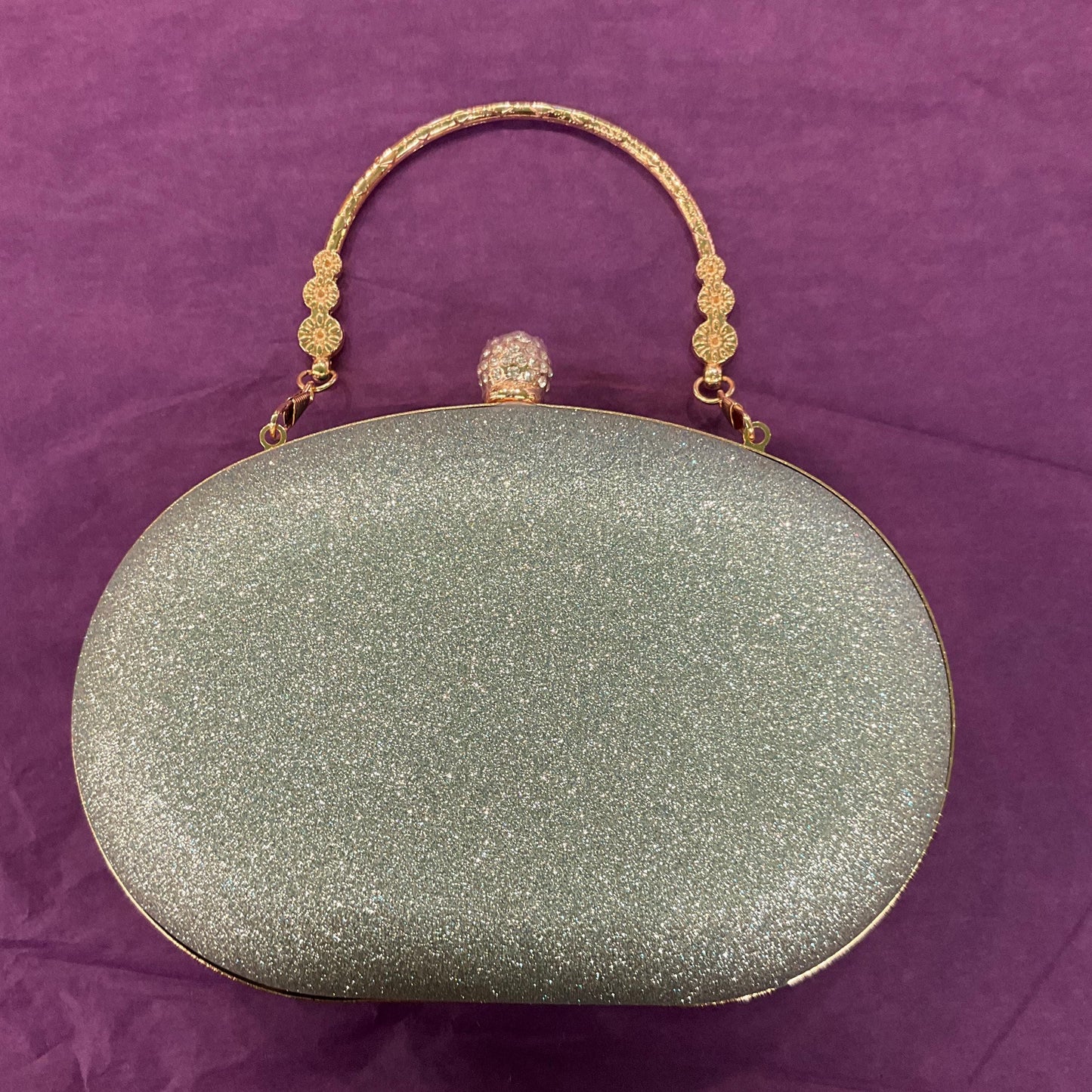 Vintage Turquoise Boxy oval Evening Bag, Gold Tone metal frame, Diamanté clasp and turquoise style chips, sustainable gift