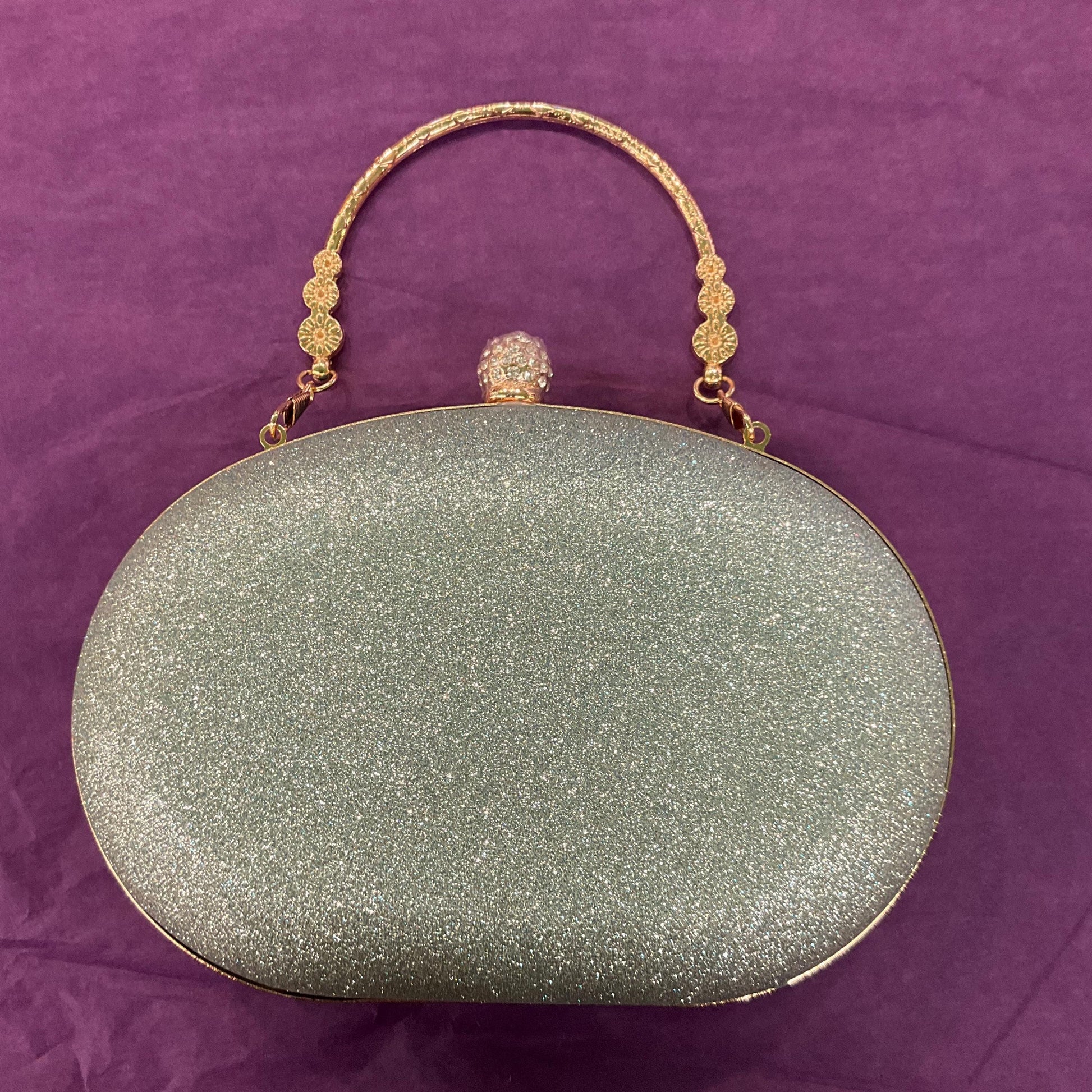 Vintage Turquoise Boxy oval Evening Bag, Gold Tone metal frame, Diamanté clasp and turquoise style chips, sustainable gift