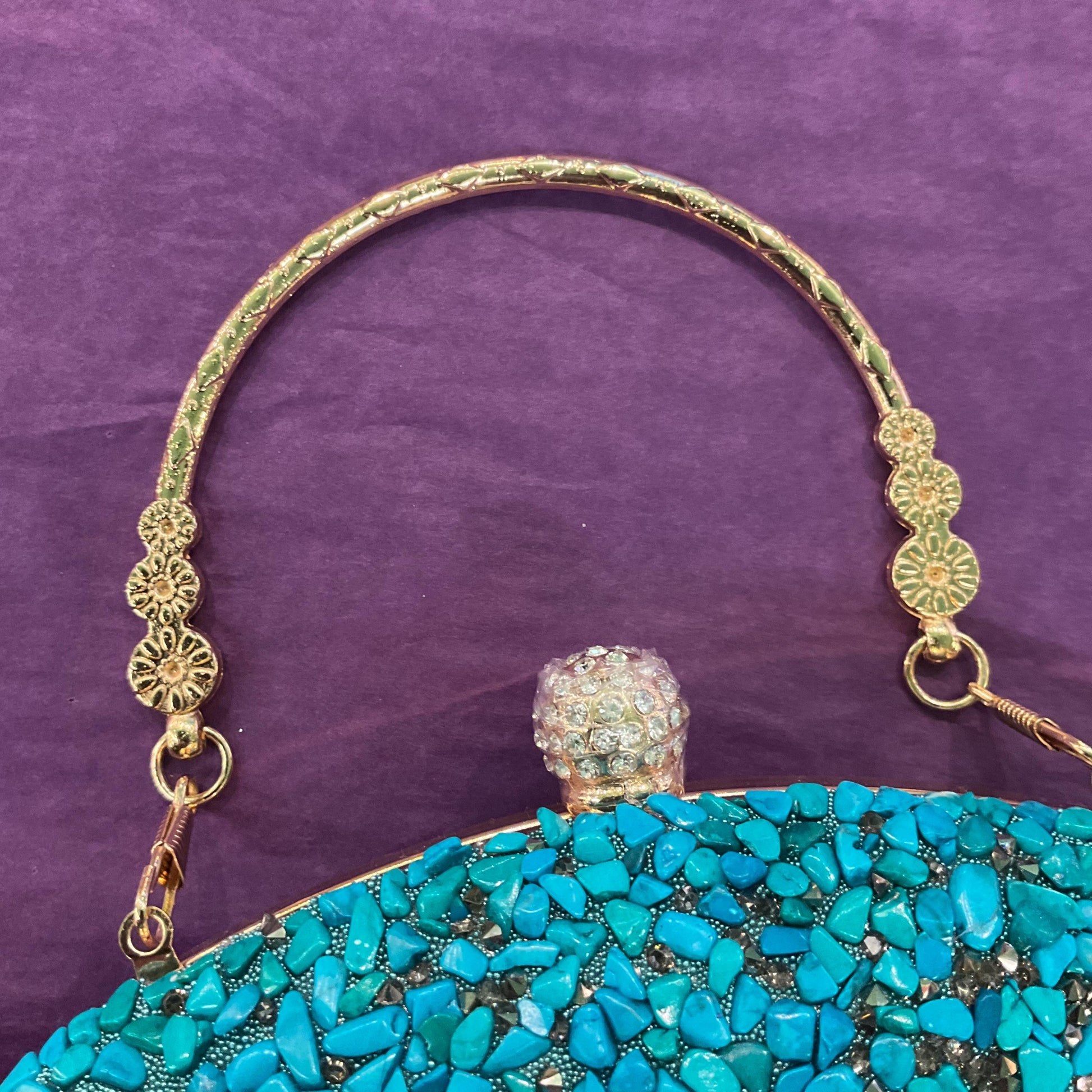 Vintage Turquoise Boxy oval Evening Bag, Gold Tone metal frame, Diamanté clasp and turquoise style chips, sustainable gift