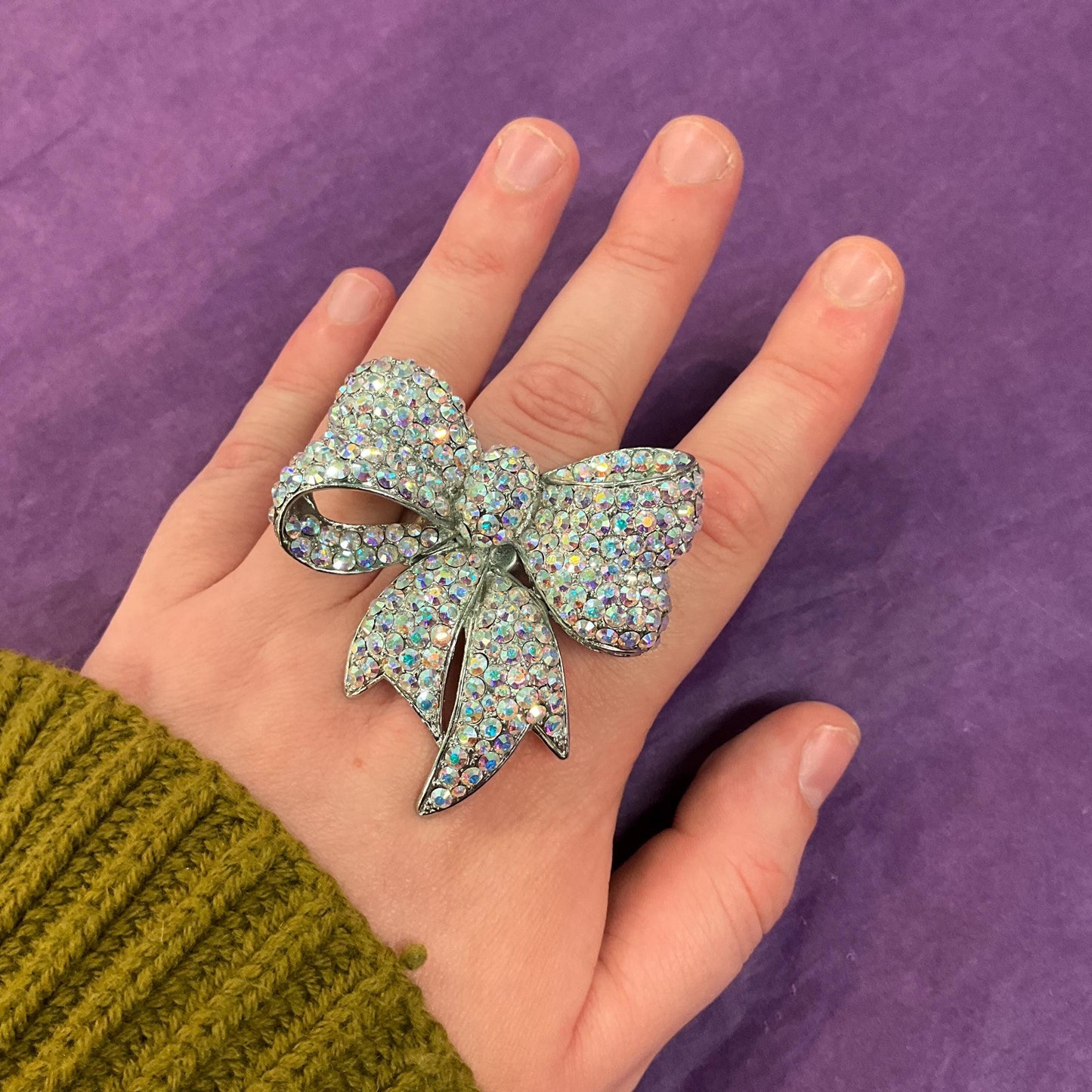 Vintage Butler and Wilson Large Statement Crystal Bow Ring, Silver tone with Aurora Borealis rhinestones, UK Size R, US size 9
