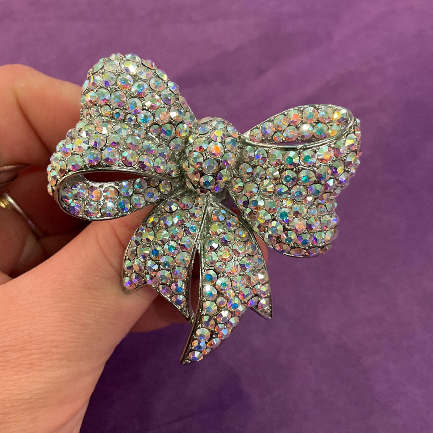 Vintage Butler and Wilson Large Statement Crystal Bow Ring, Silver tone with Aurora Borealis rhinestones, UK Size R, US size 9