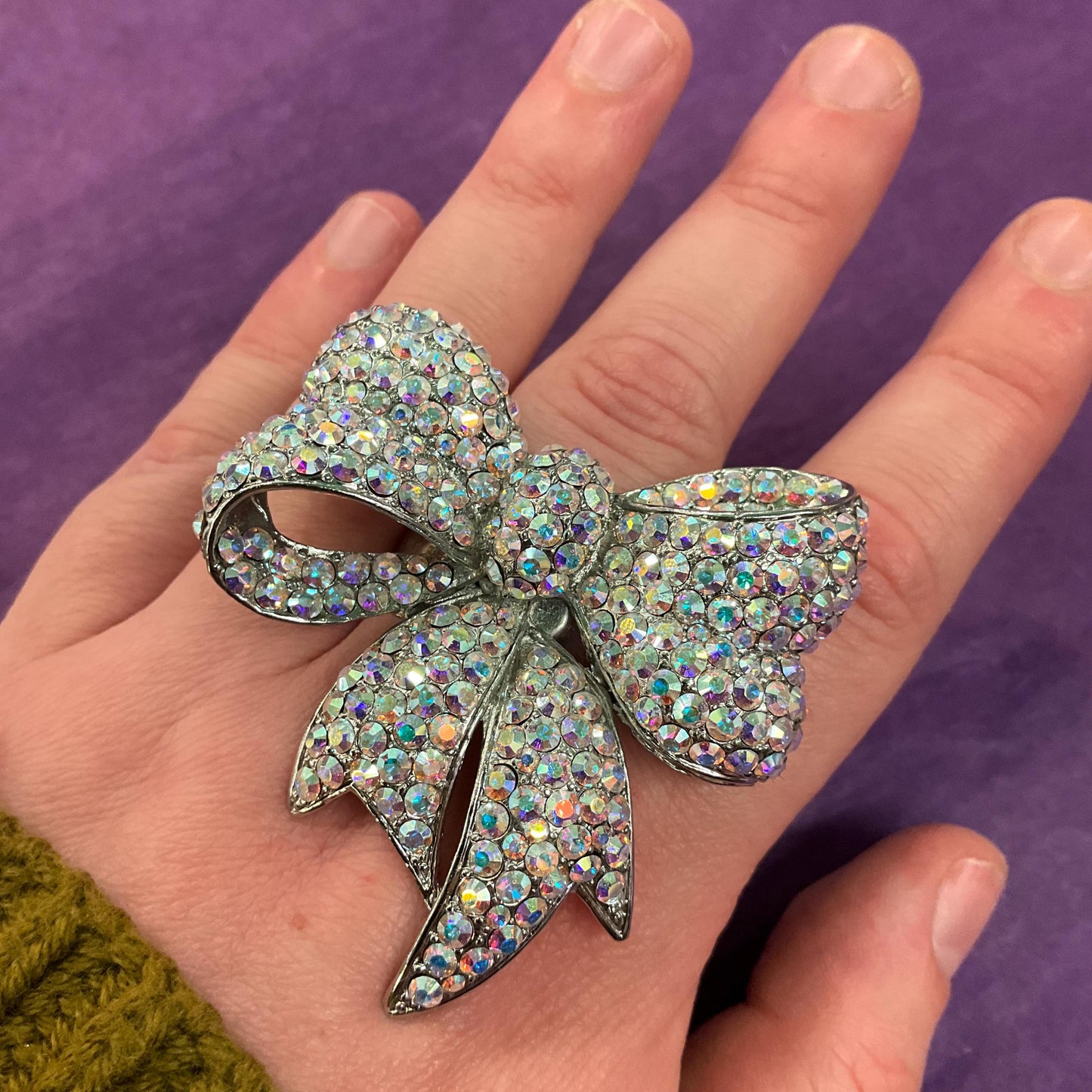 Vintage Butler and Wilson Large Statement Crystal Bow Ring, Silver tone with Aurora Borealis rhinestones, UK Size R, US size 9