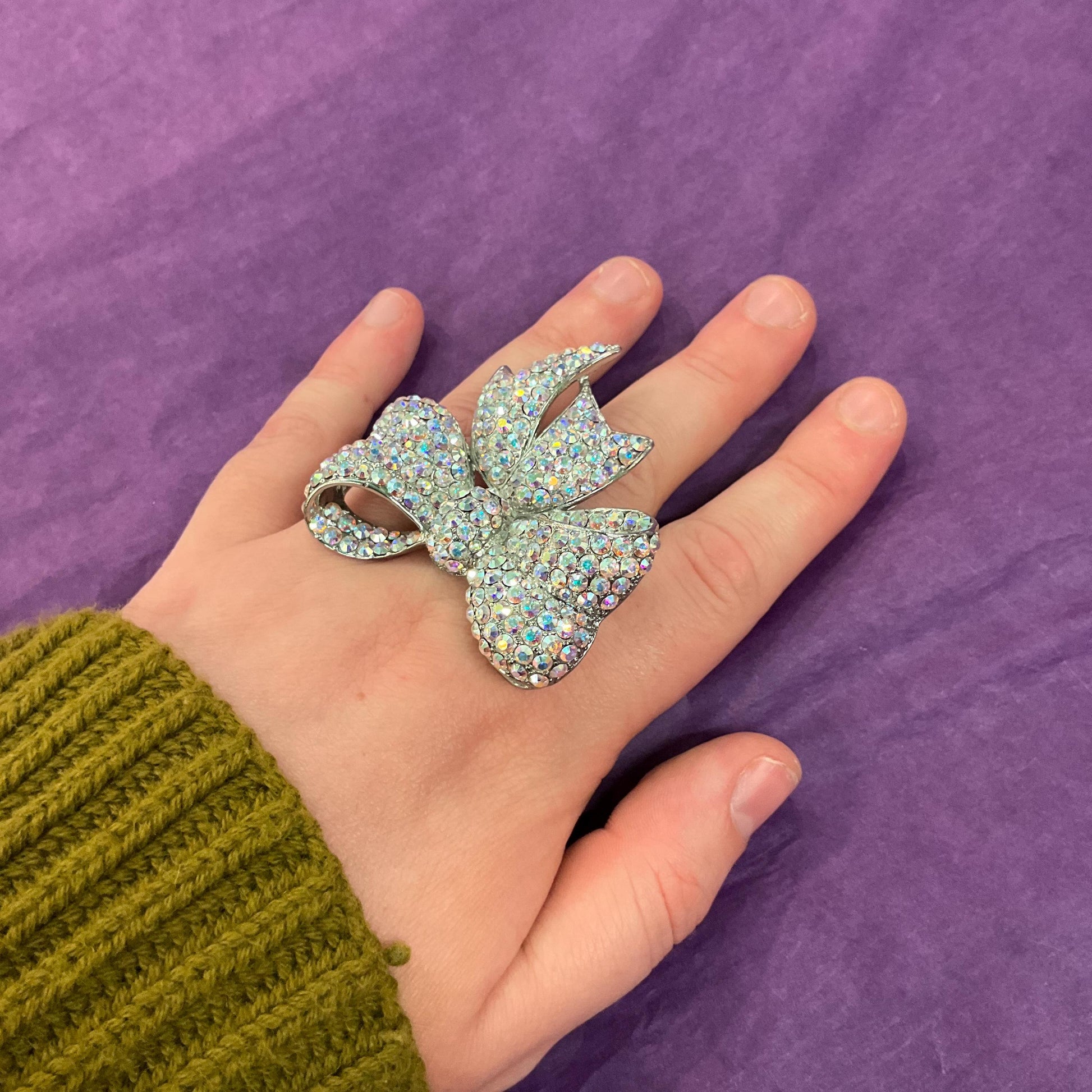 Vintage Butler and Wilson Large Statement Crystal Bow Ring, Silver tone with Aurora Borealis rhinestones, UK Size R, US size 9