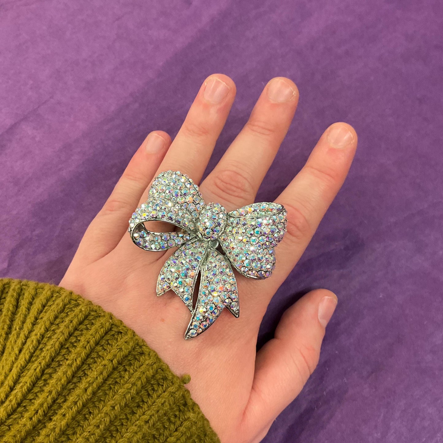 Vintage Butler and Wilson Large Statement Crystal Bow Ring, Silver tone with Aurora Borealis rhinestones, UK Size R, US size 9