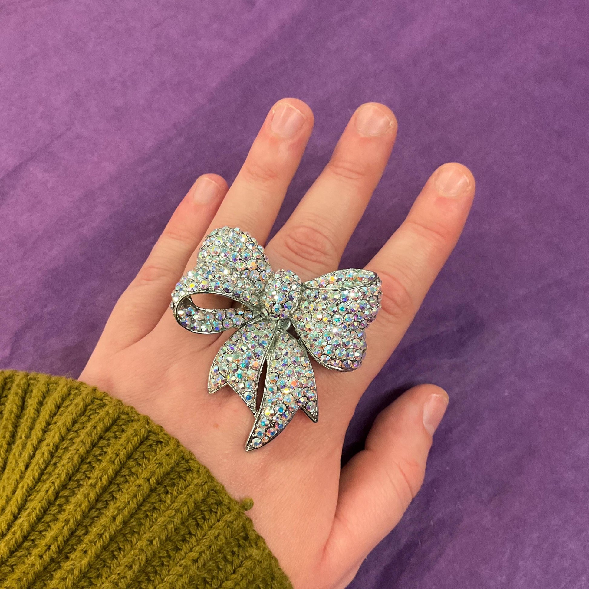 Vintage Butler and Wilson Large Statement Crystal Bow Ring, Silver tone with Aurora Borealis rhinestones, UK Size R, US size 9