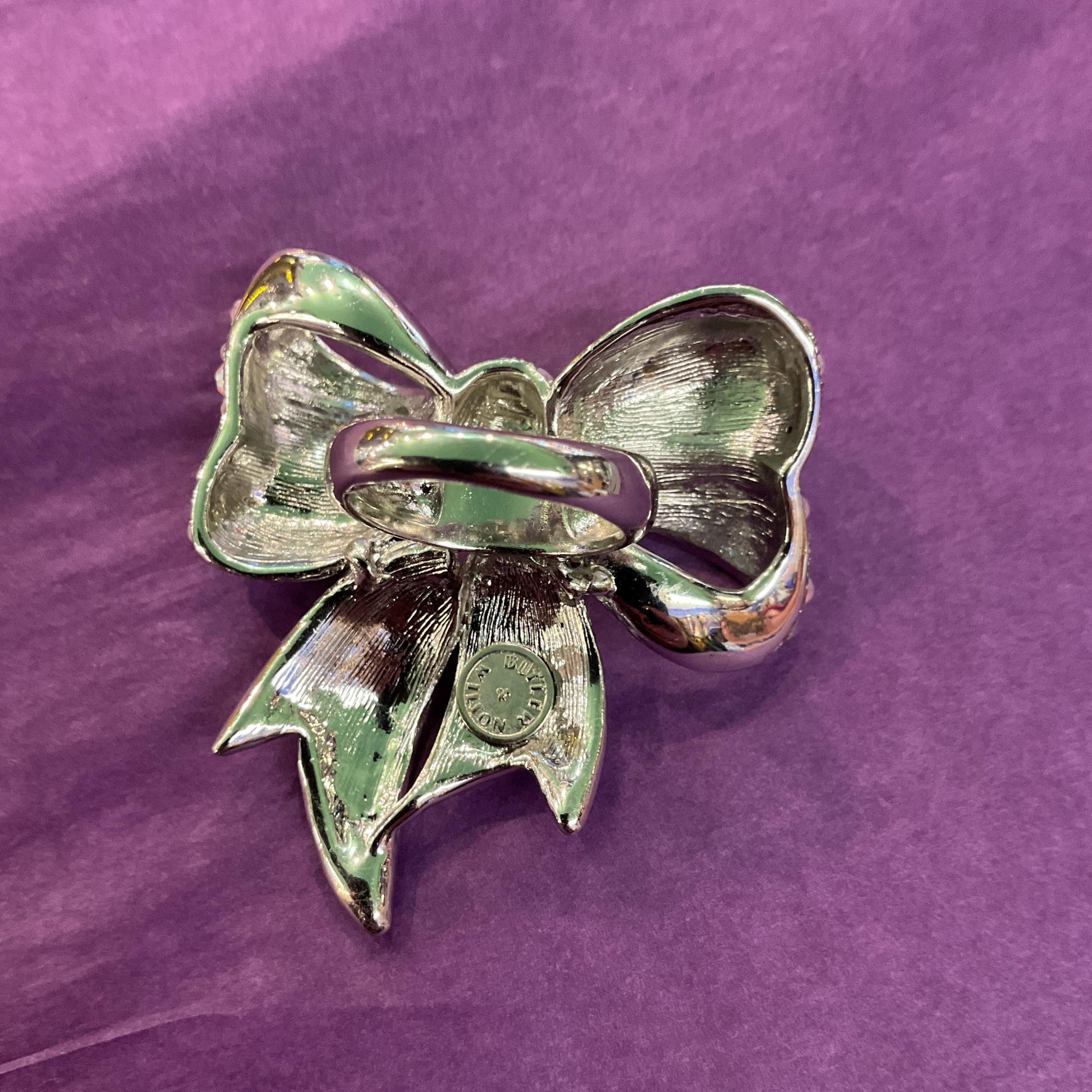 Vintage Butler and Wilson Large Statement Crystal Bow Ring, Silver tone with Aurora Borealis rhinestones, UK Size R, US size 9