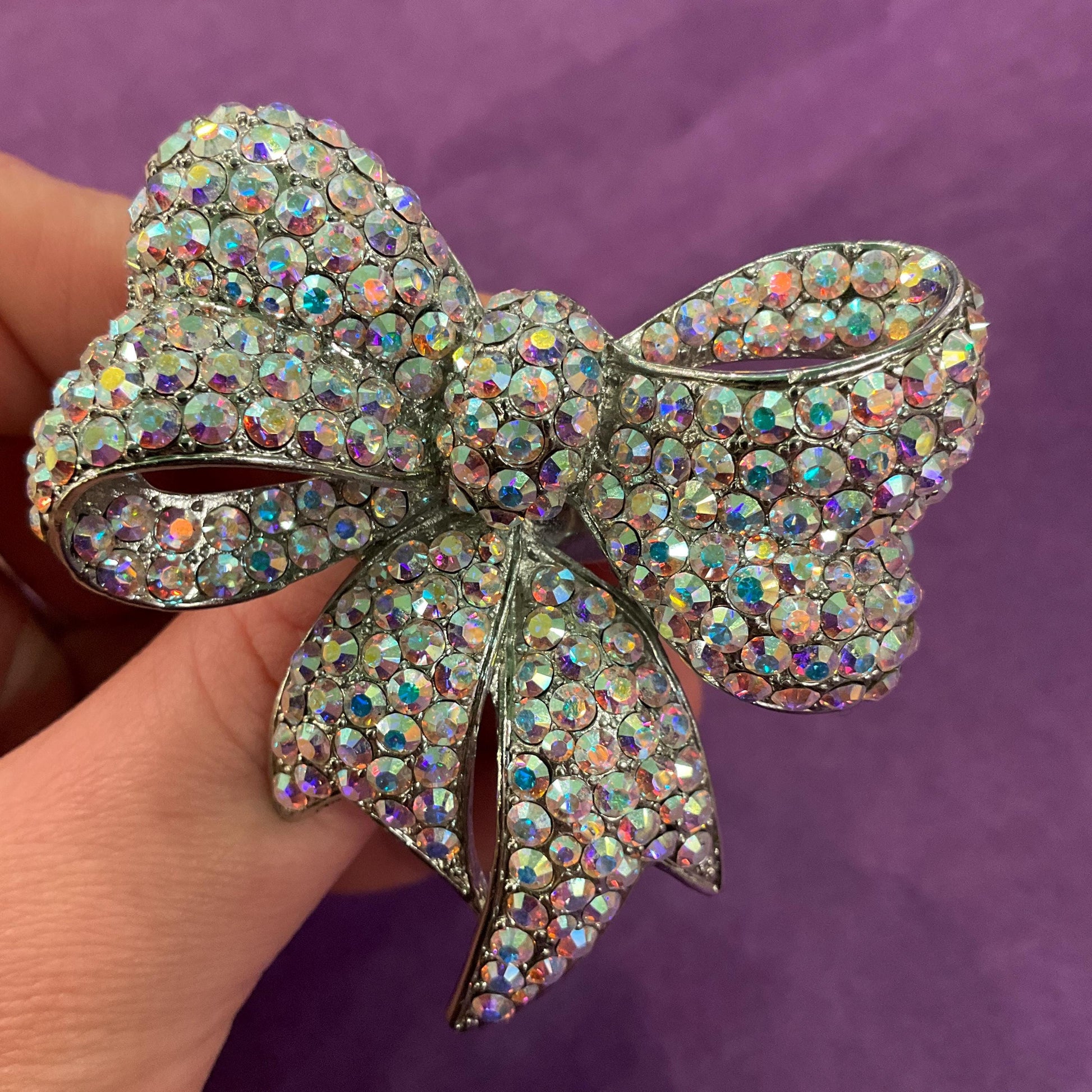Vintage Butler and Wilson Large Statement Crystal Bow Ring, Silver tone with Aurora Borealis rhinestones, UK Size R, US size 9