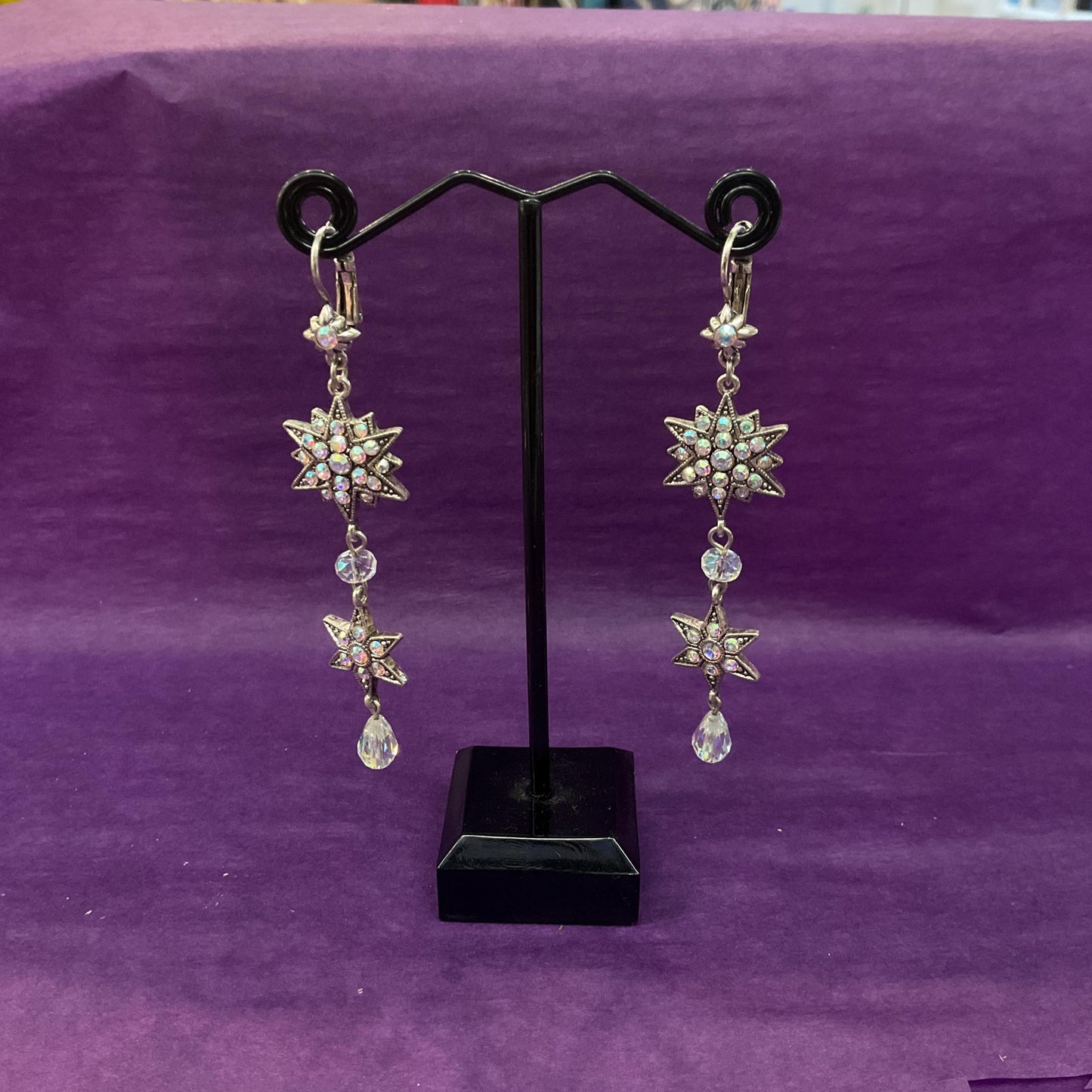 Vintage Kirk’s Folly Long Drop star crystal earrings, silver tone with Aurora Borealis crystals and rhinestones, sustainable gift