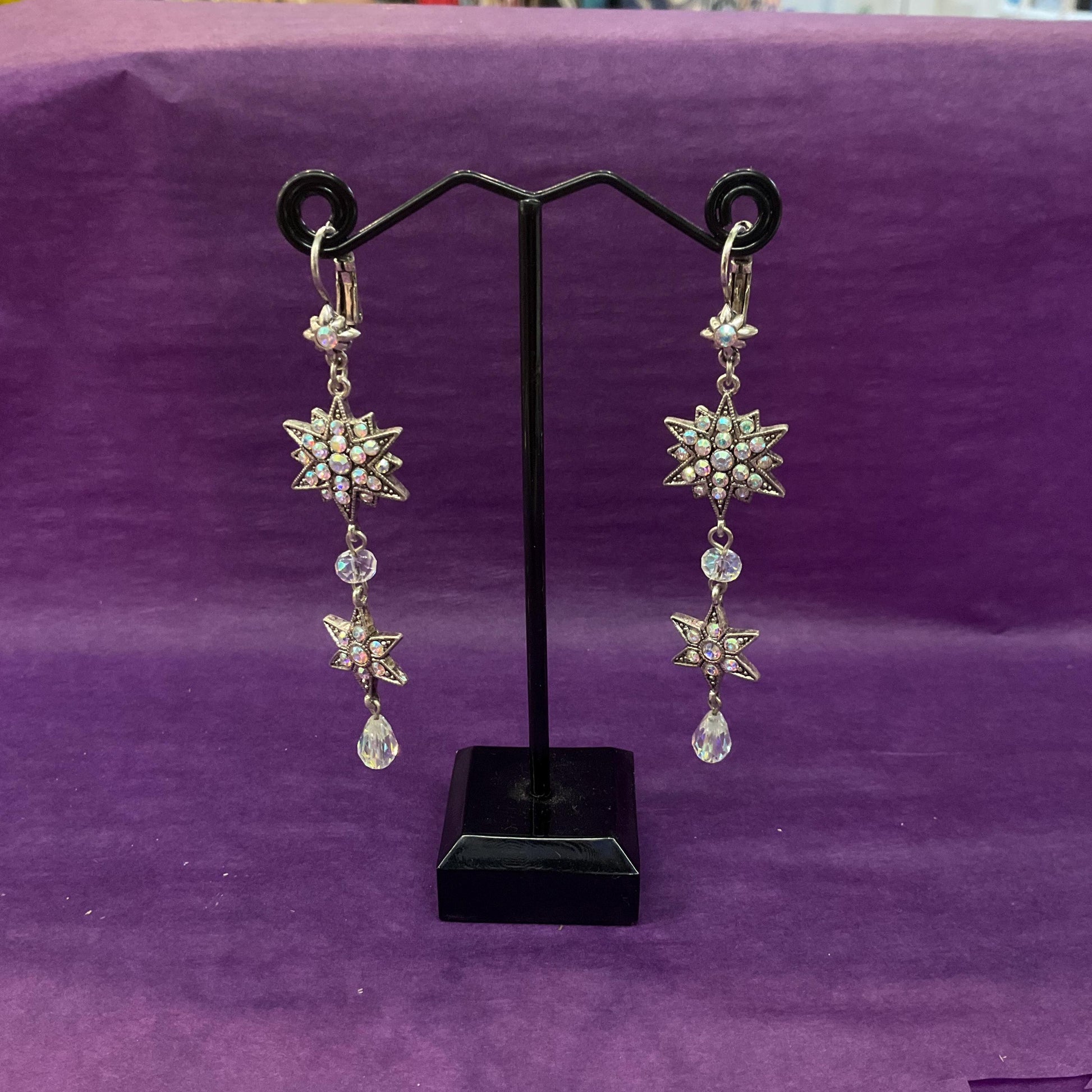Vintage Kirk’s Folly Long Drop star crystal earrings, silver tone with Aurora Borealis crystals and rhinestones, sustainable gift