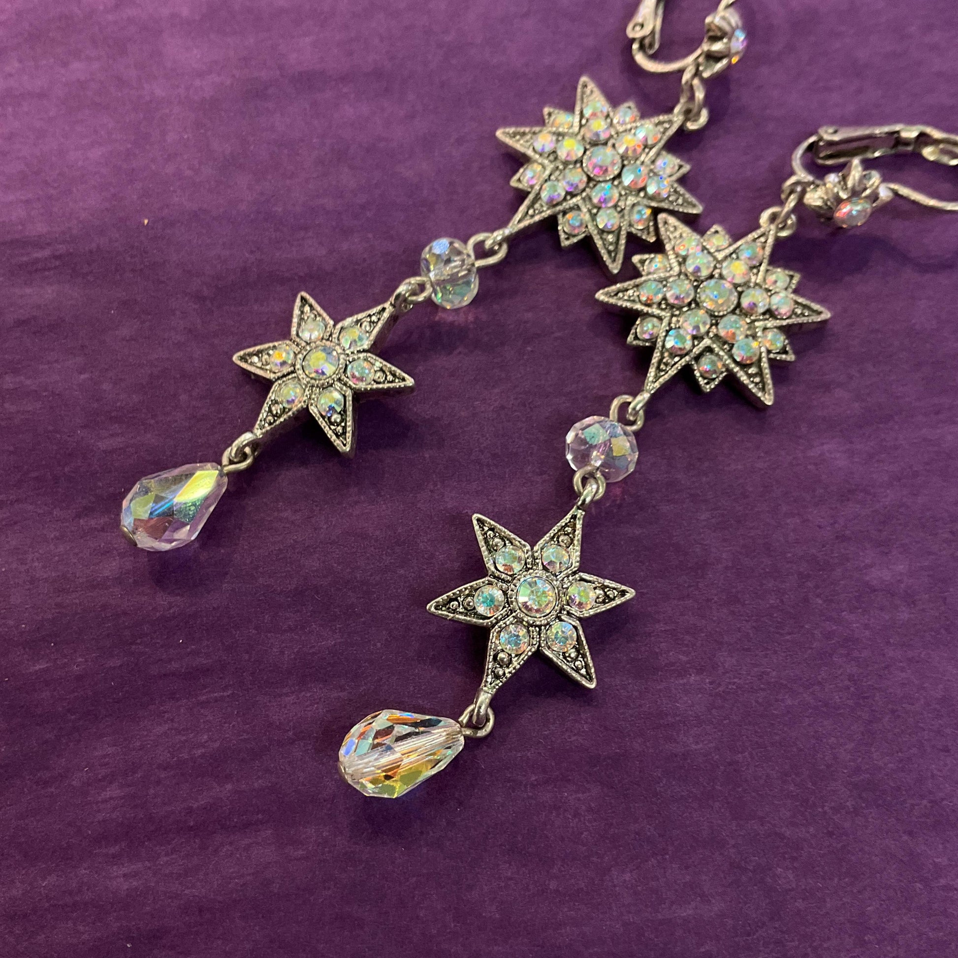 Vintage Kirk’s Folly Long Drop star crystal earrings, silver tone with Aurora Borealis crystals and rhinestones, sustainable gift