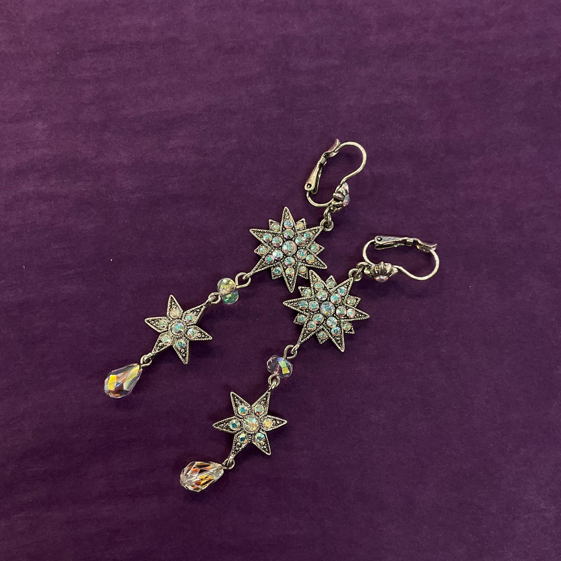 Vintage Kirk’s Folly Long Drop star crystal earrings, silver tone with Aurora Borealis crystals and rhinestones, sustainable gift
