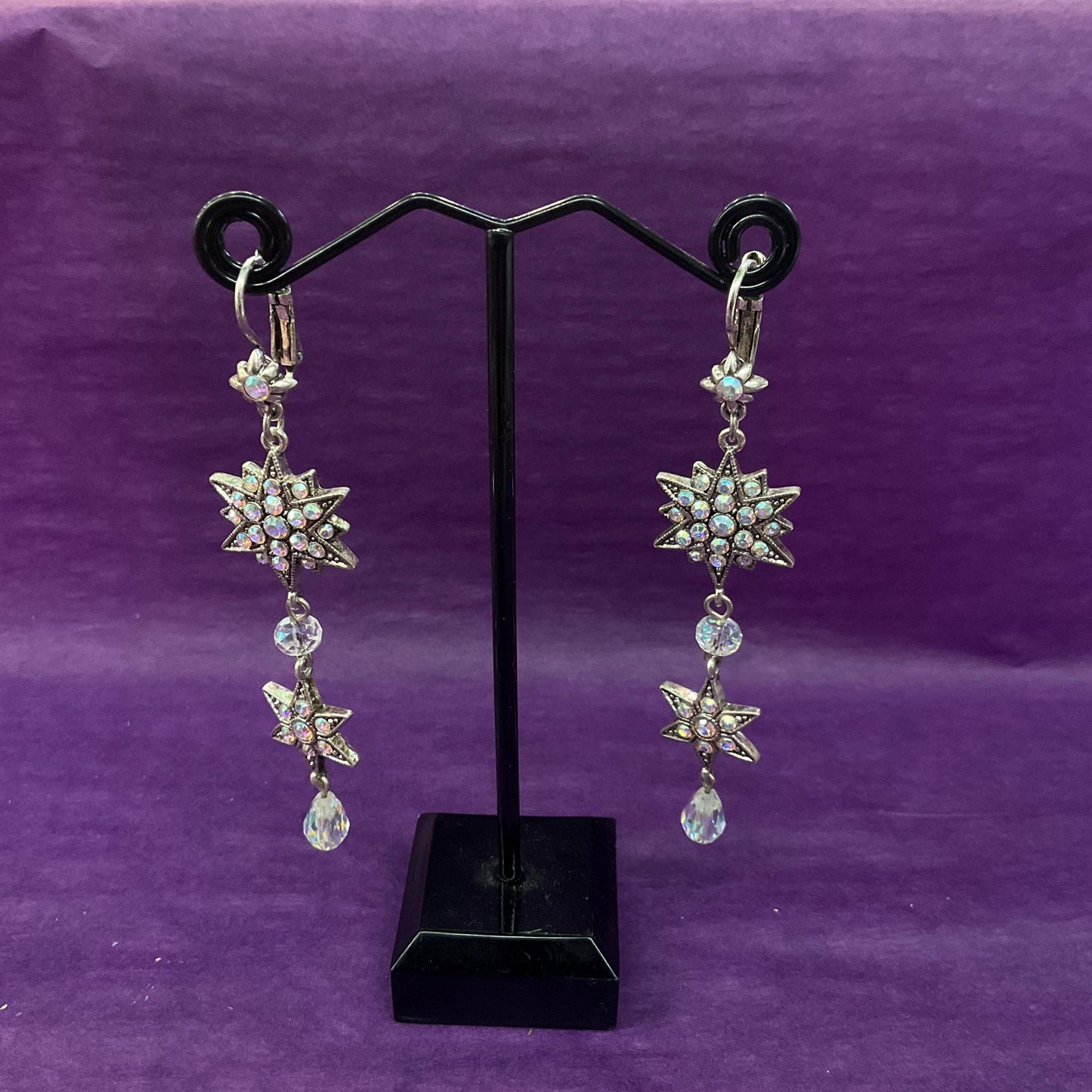 Vintage Kirk’s Folly Long Drop star crystal earrings, silver tone with Aurora Borealis crystals and rhinestones, sustainable gift