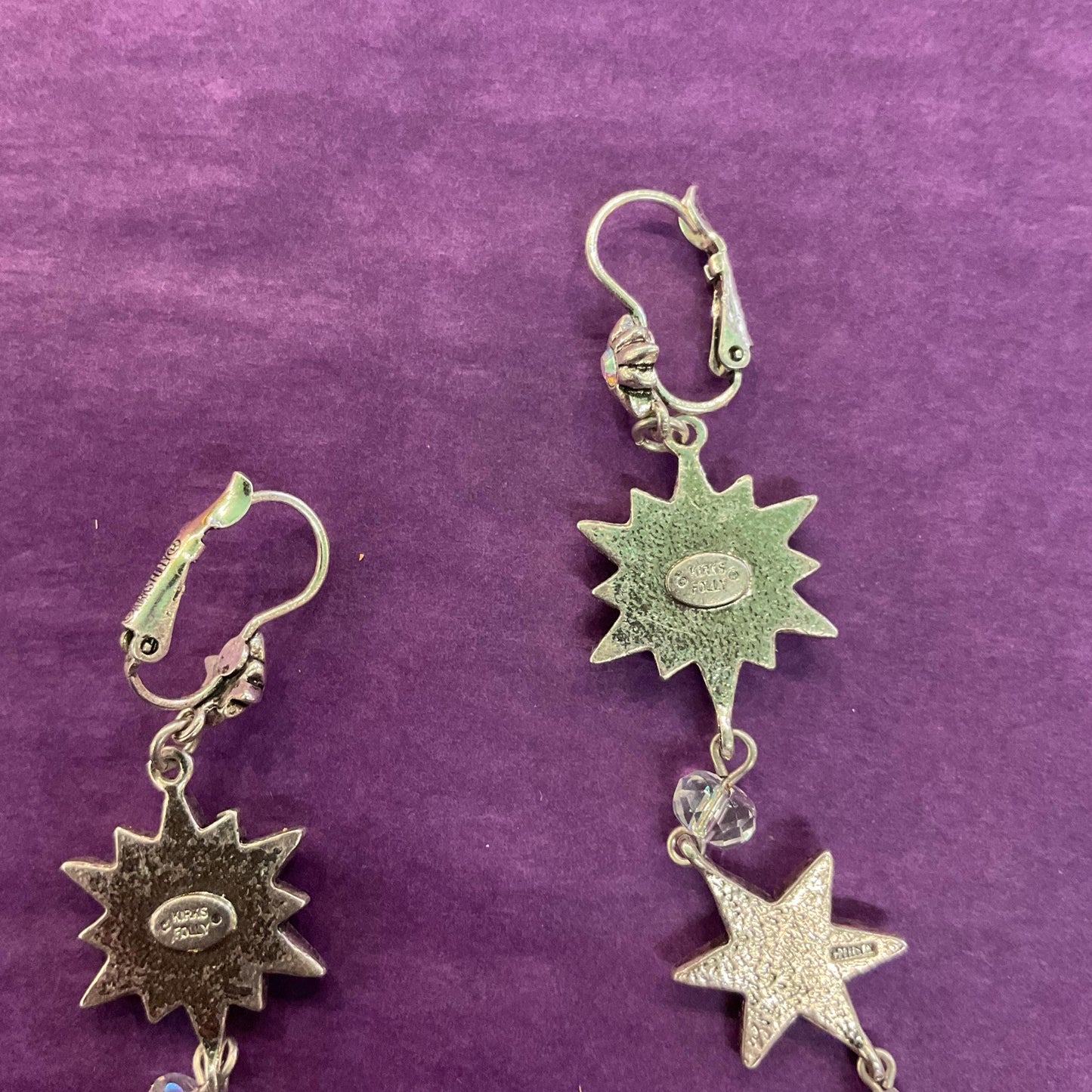 Vintage Kirk’s Folly Long Drop star crystal earrings, silver tone with Aurora Borealis crystals and rhinestones, sustainable gift