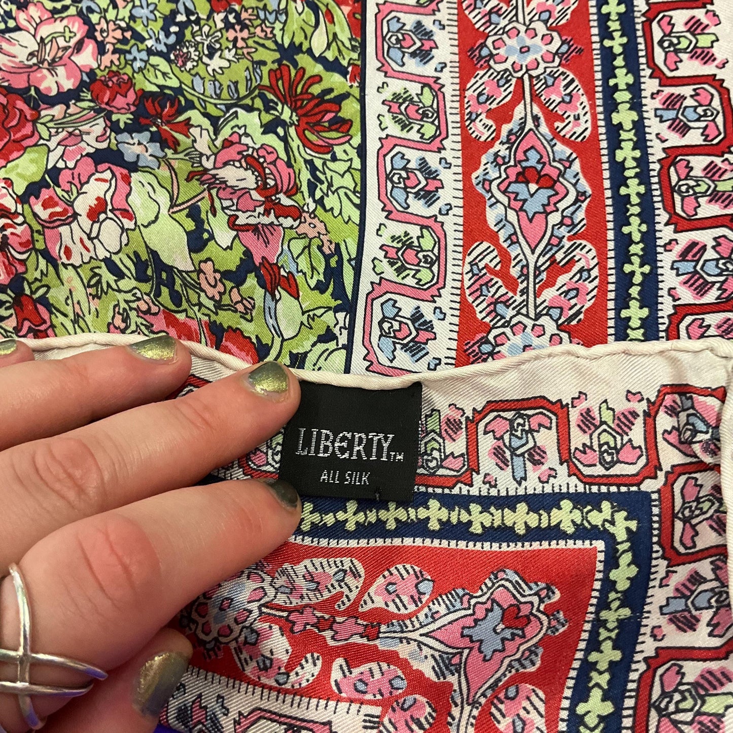 Vintage 1970s/80s Liberty of London Pure Silk Floral scarf, shades of red, green and blue , hand rolled