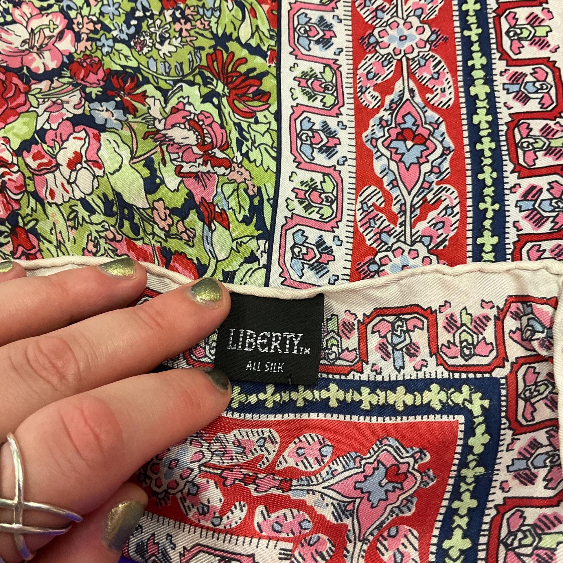 Vintage 1970s/80s Liberty of London Pure Silk Floral scarf, shades of red, green and blue , hand rolled