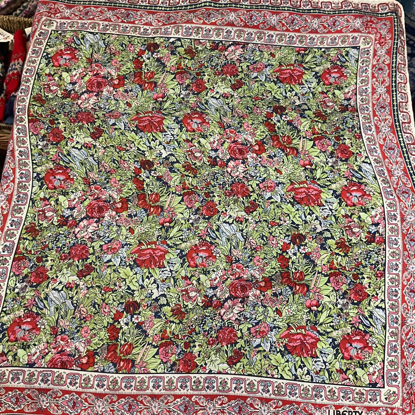 Vintage 1970s/80s Liberty of London Pure Silk Floral scarf, shades of red, green and blue , hand rolled