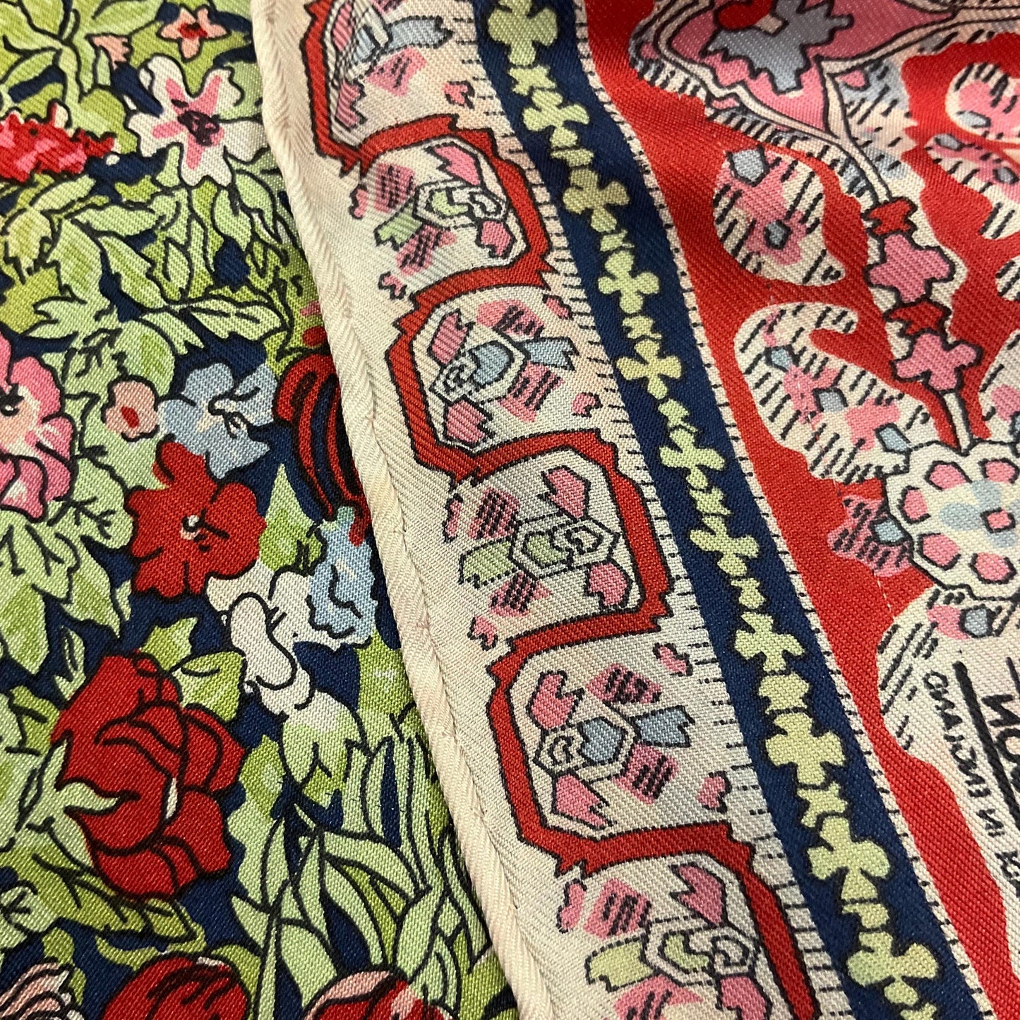 Vintage 1970s/80s Liberty of London Pure Silk Floral scarf, shades of red, green and blue , hand rolled