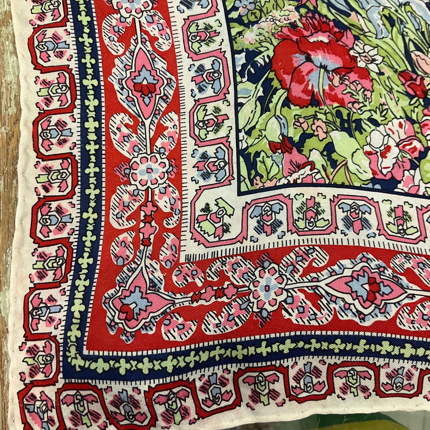 Vintage 1970s/80s Liberty of London Pure Silk Floral scarf, shades of red, green and blue , hand rolled