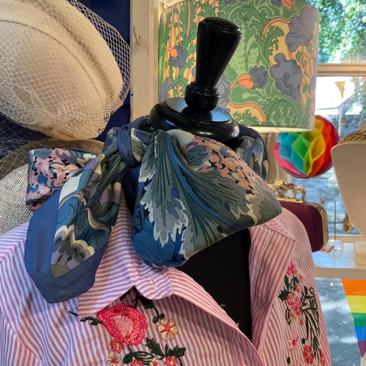 Vintage Liberty of London 1980s large Italian Pure Silk Floral Scarf, oversized floral in shades of blue , pink and green , hand rolled